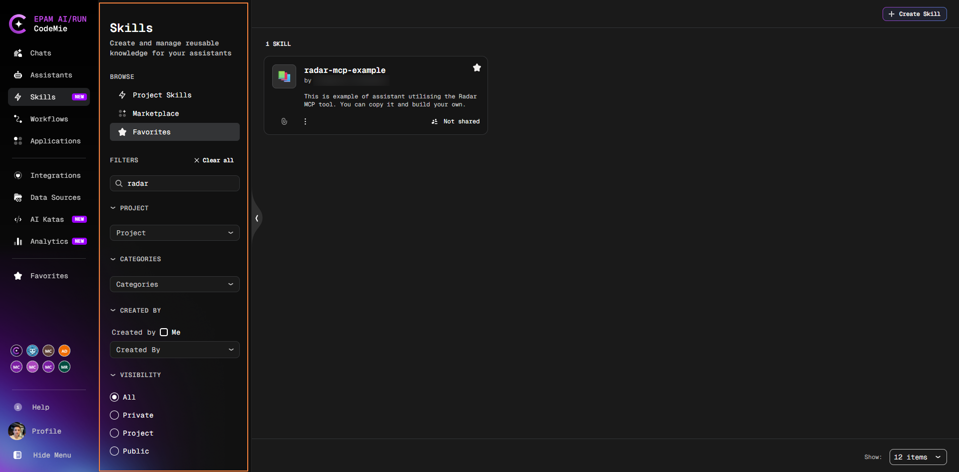 Favorites tab with a filter applied in the Skills section