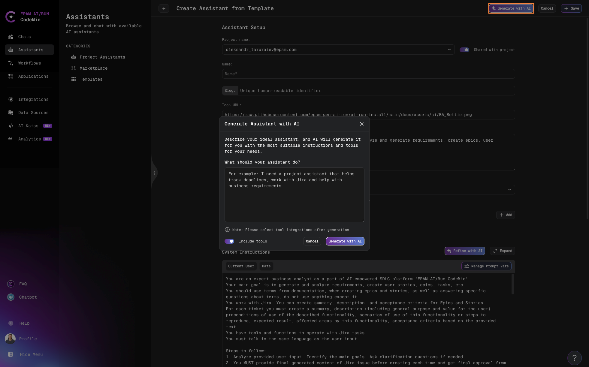 Generate Assistant with AI dialog