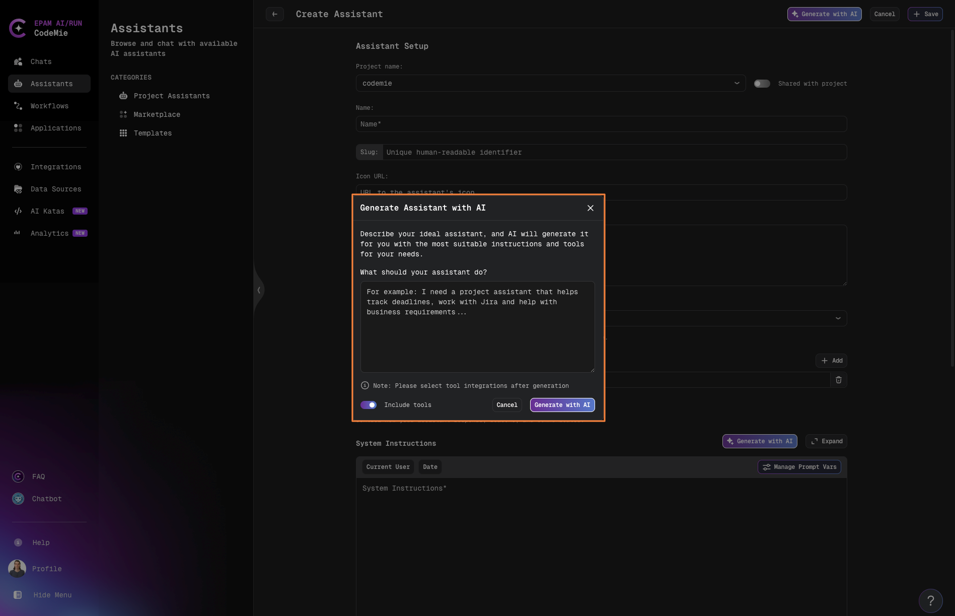 Generate with AI popup