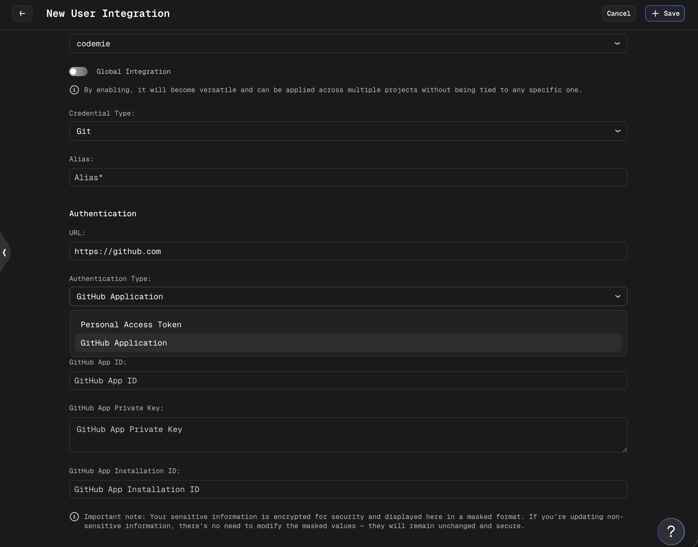 Integration credentials GitHub App