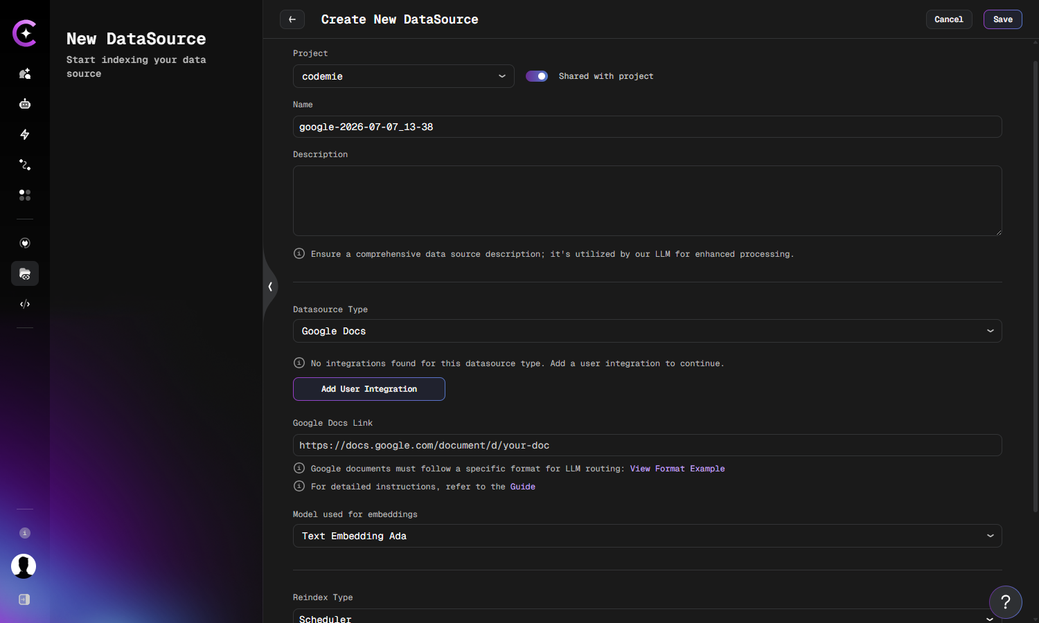 Google Data Source Form