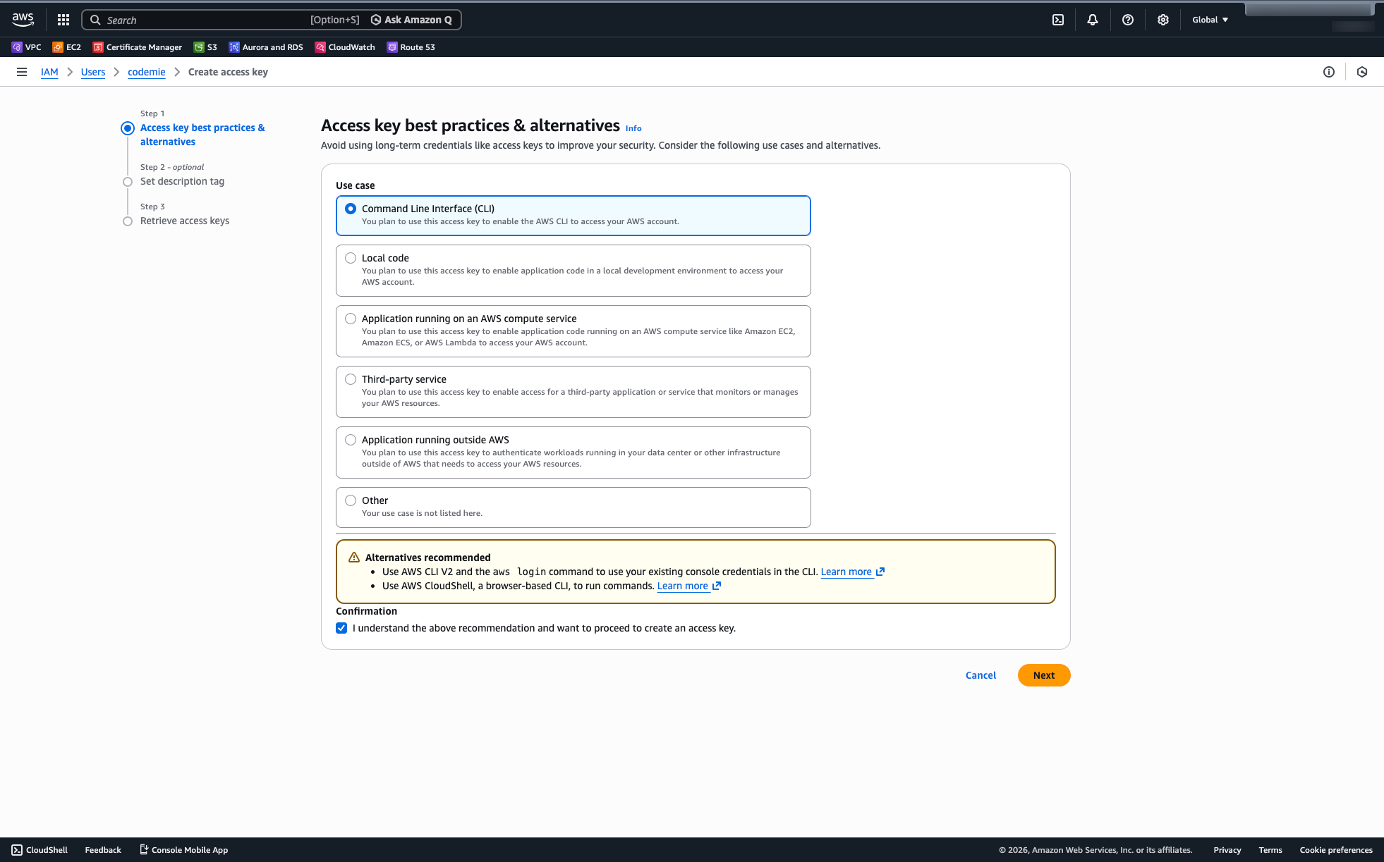 AWS Create Access Key use case selection