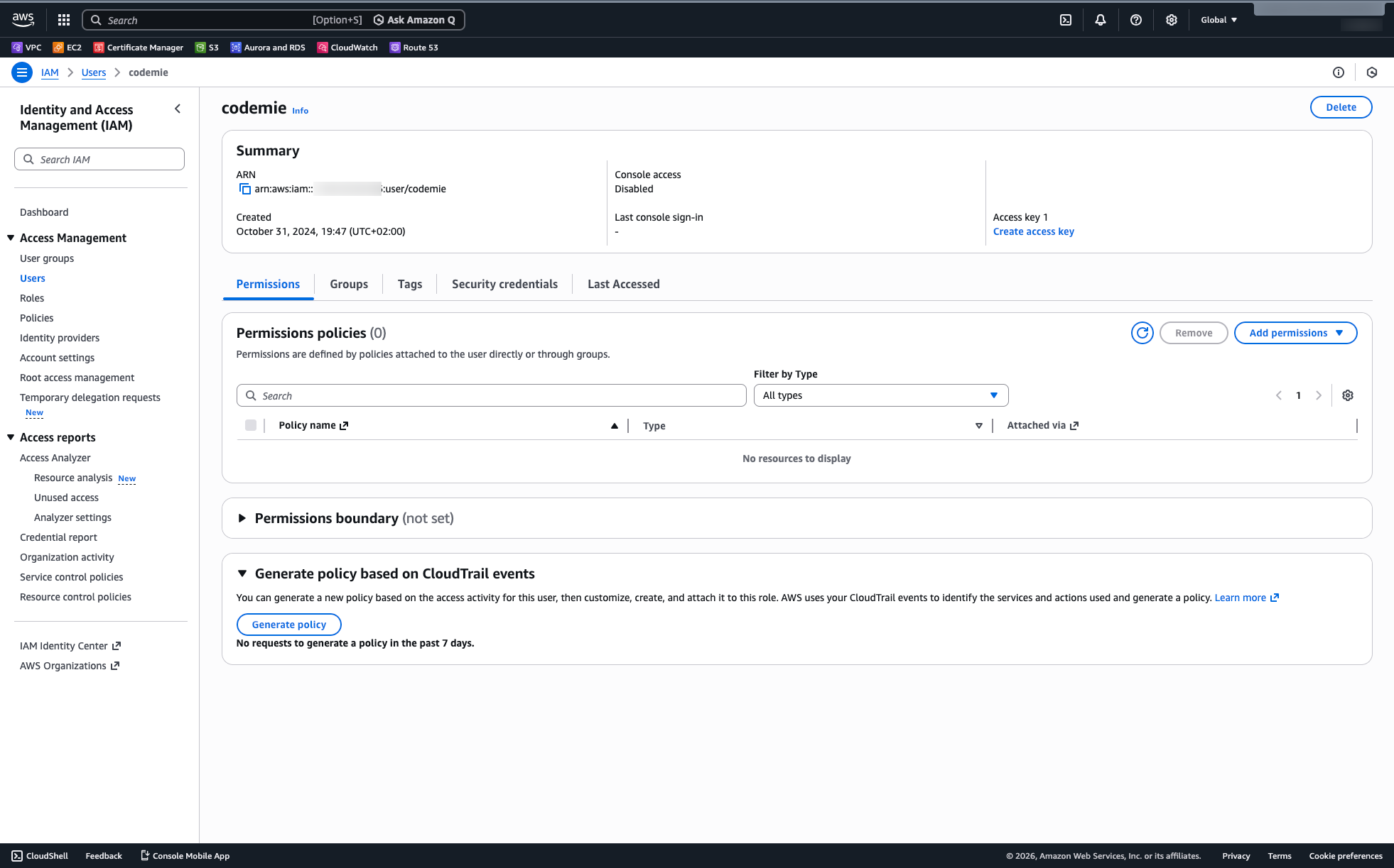 AWS User details page