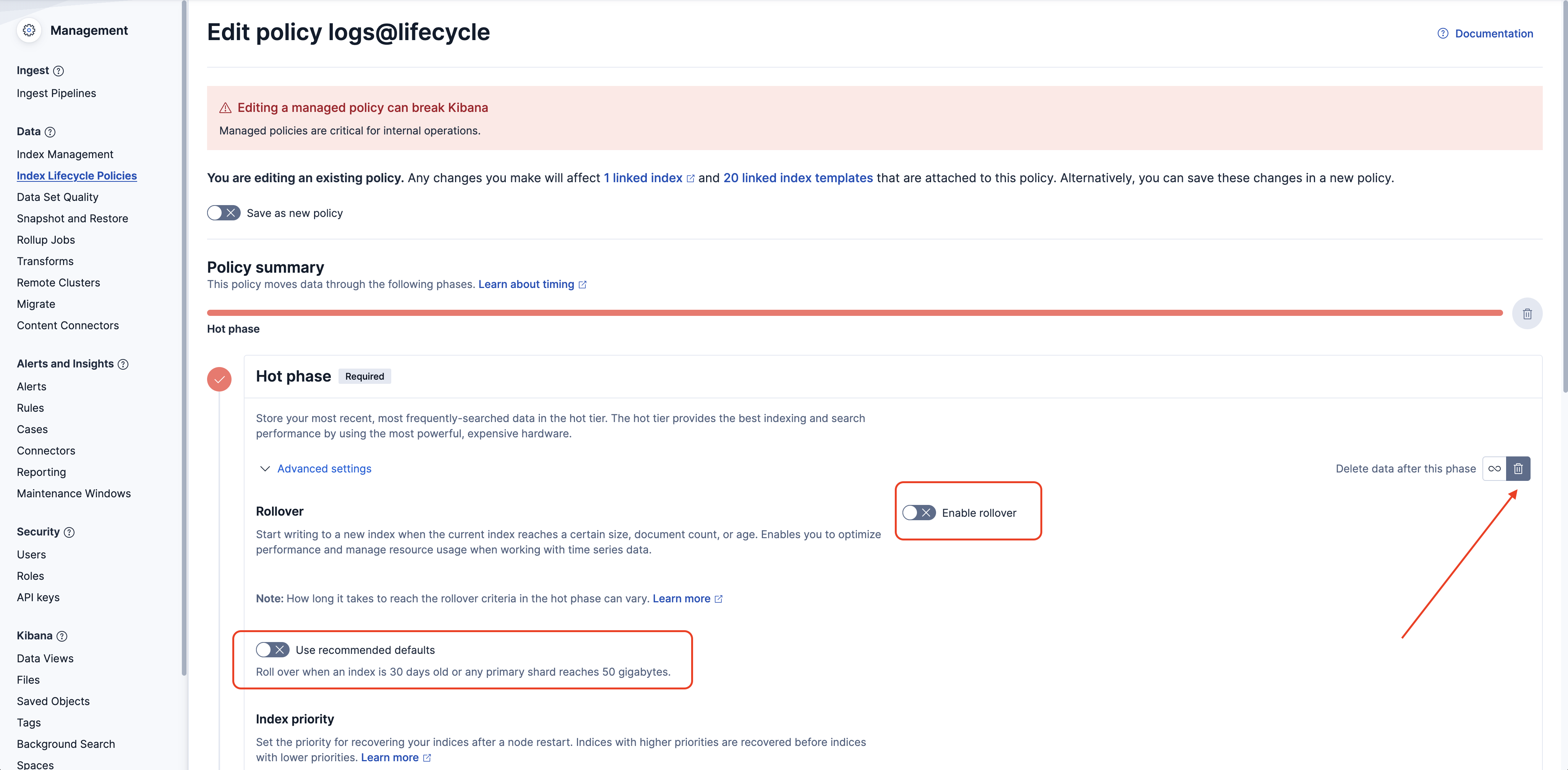 Elasticsearch managed ILM Policy for logs