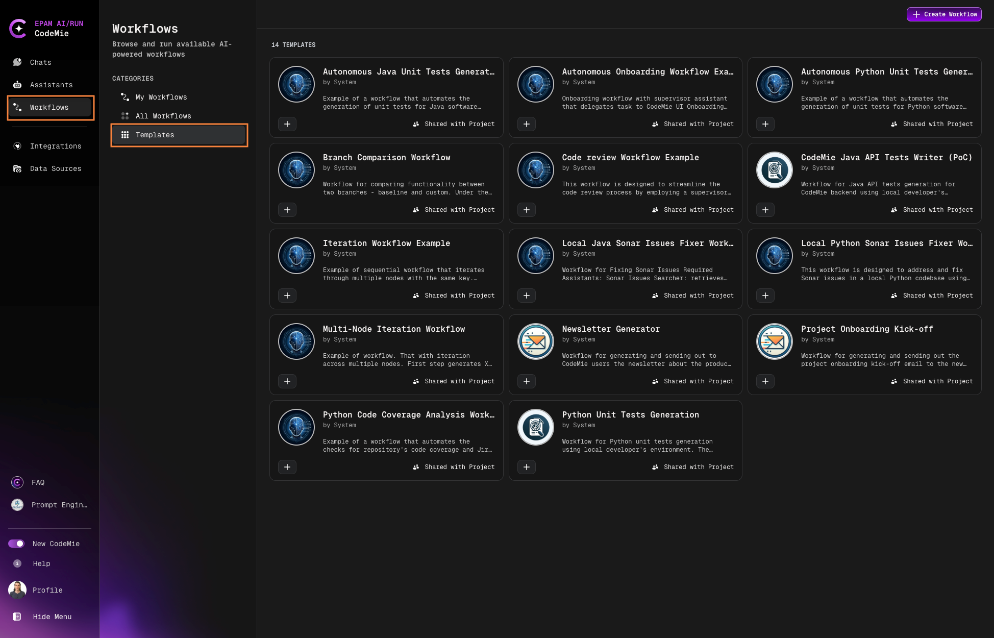 Templates tab in Workflows page