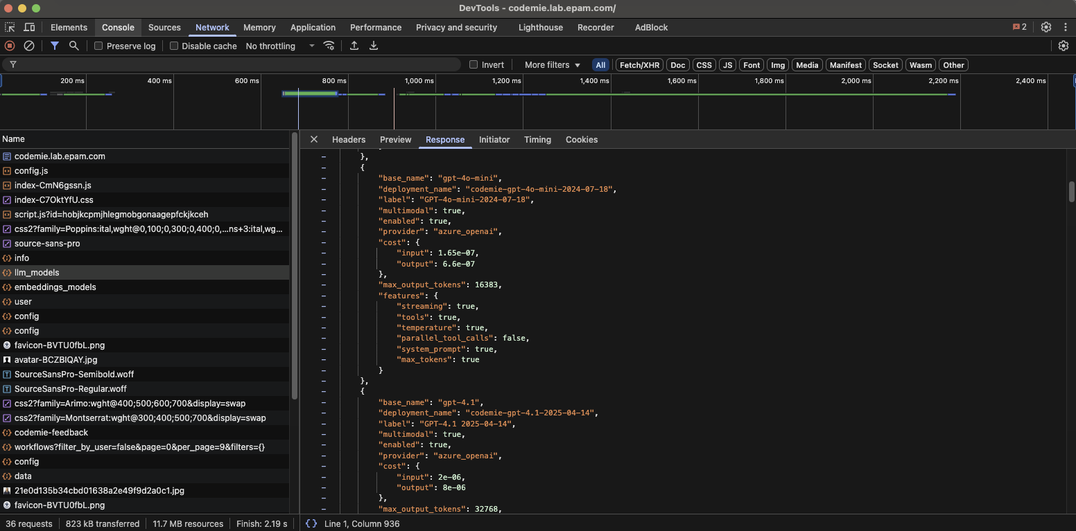 Network tab showing llm_models request