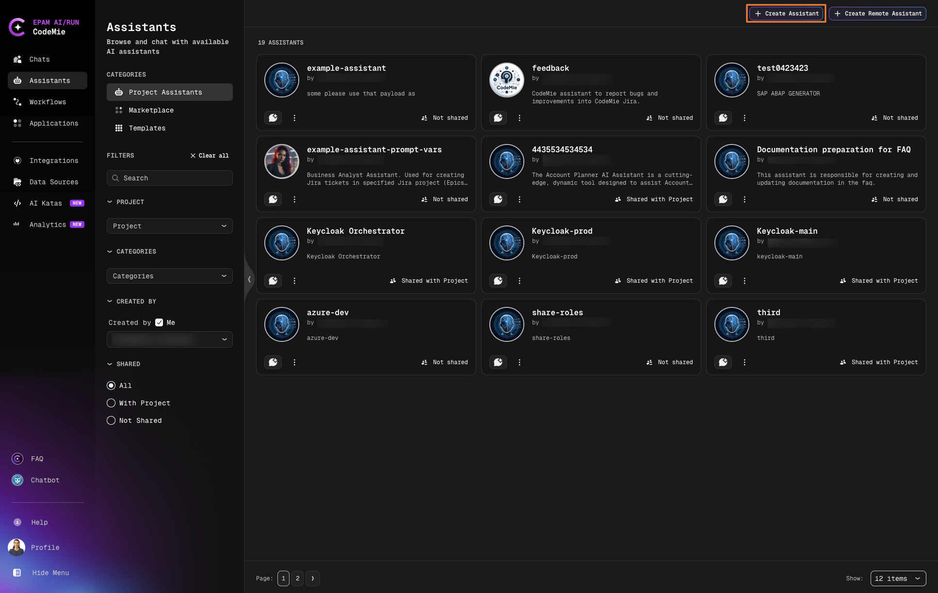 Create Assistant button