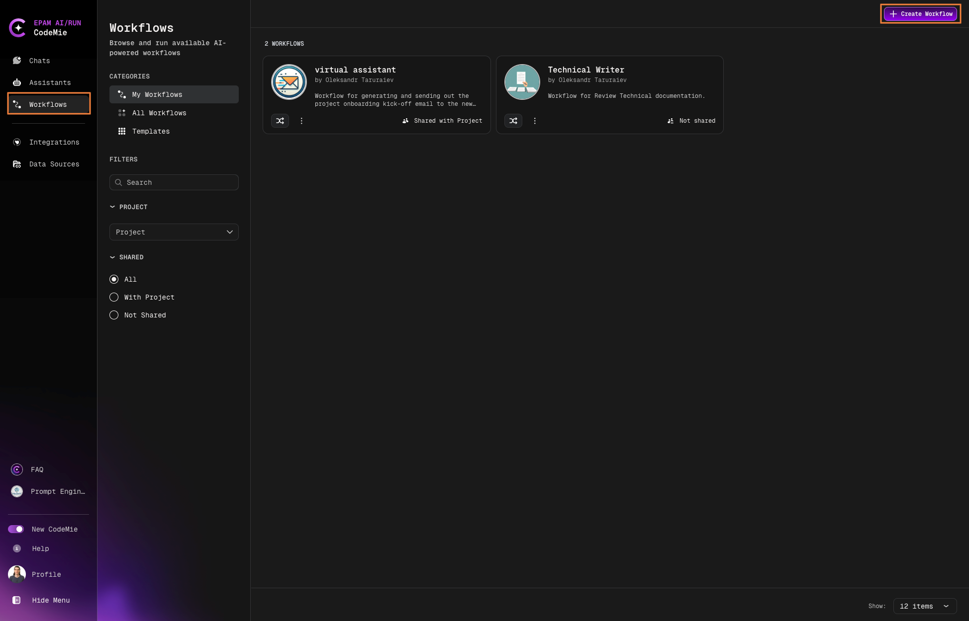 Create Workflow button