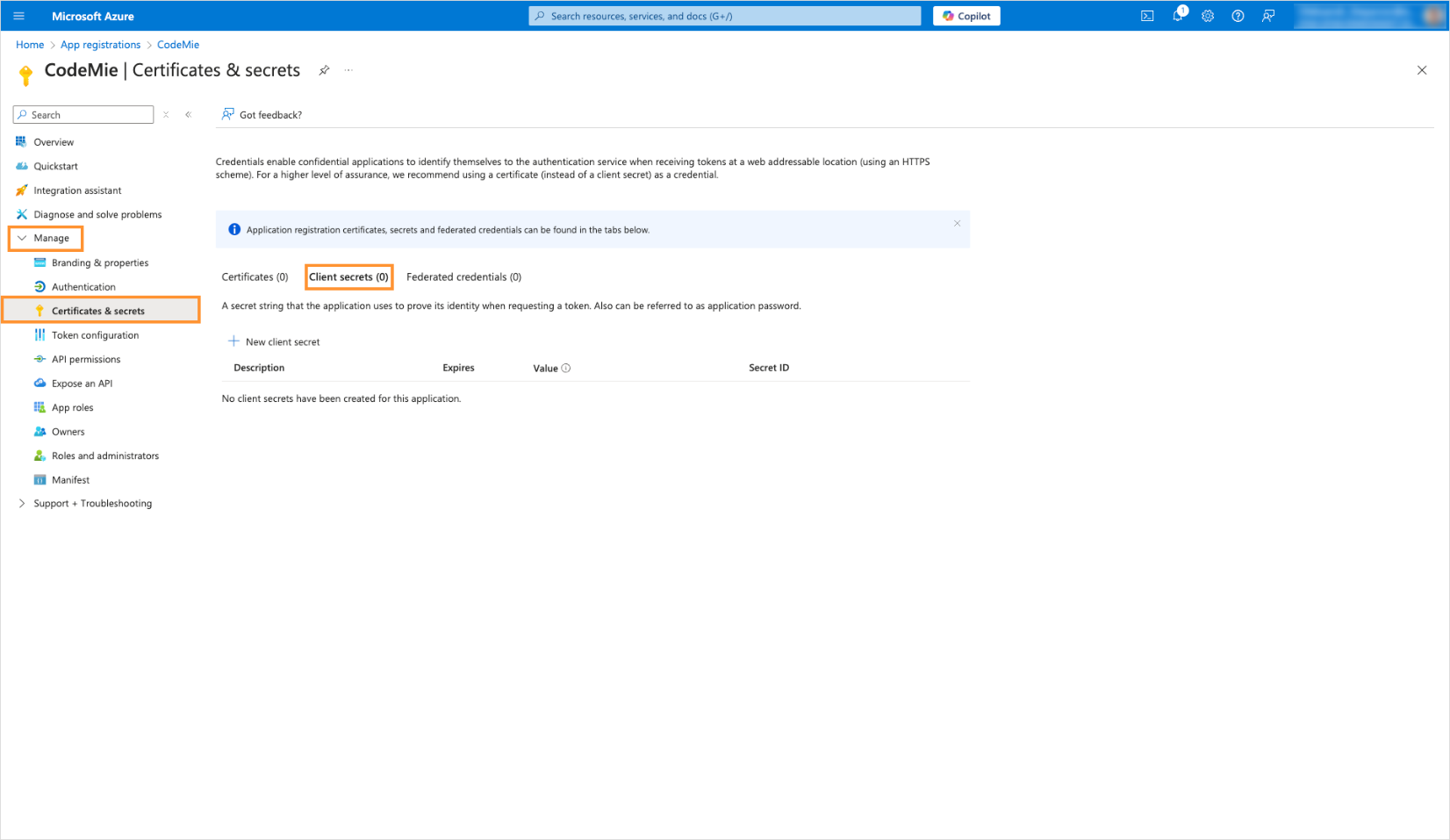 Certificates and secrets
