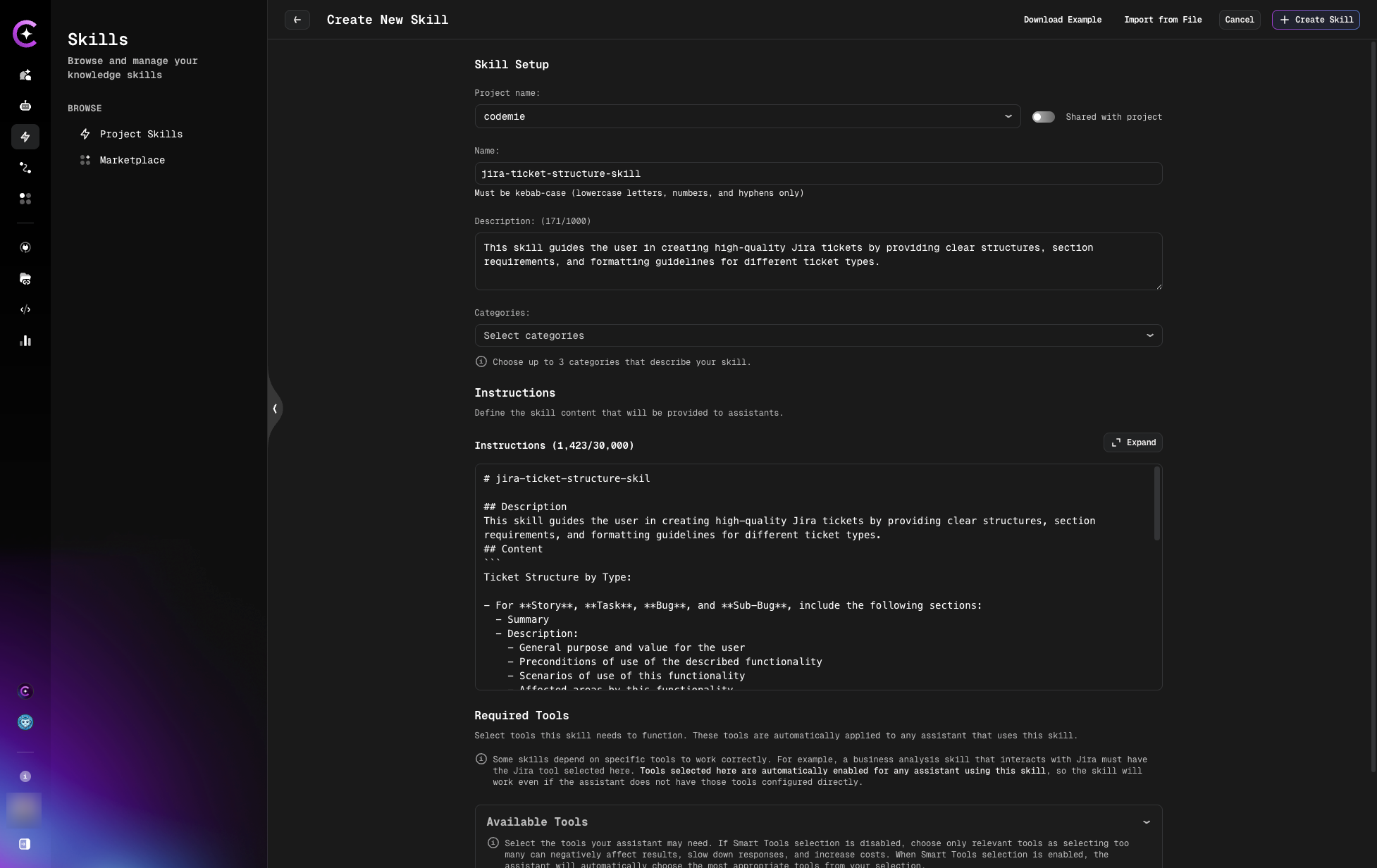 Import Skill Auto-Populated Form
