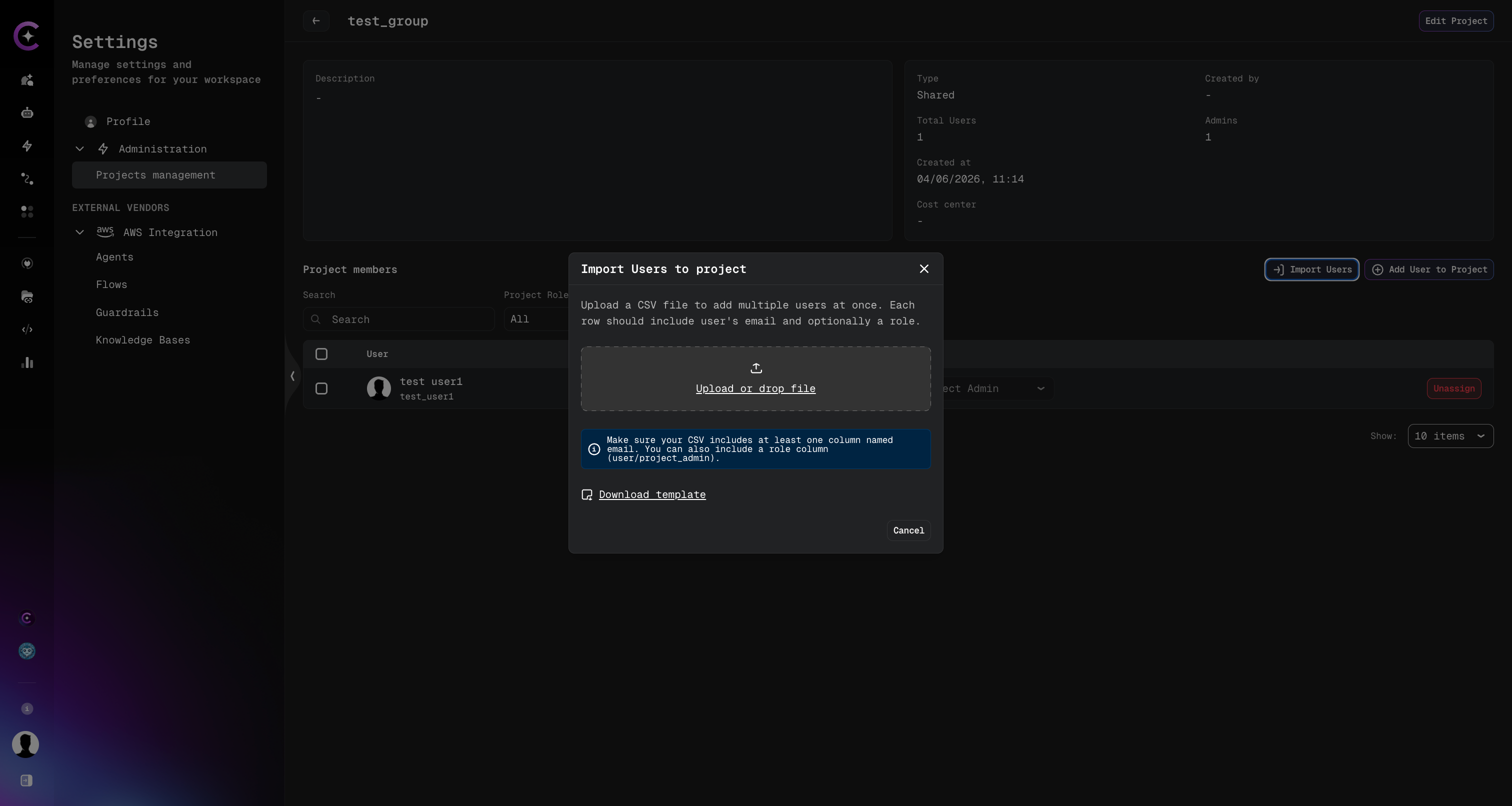 Import Users to Project dialog
