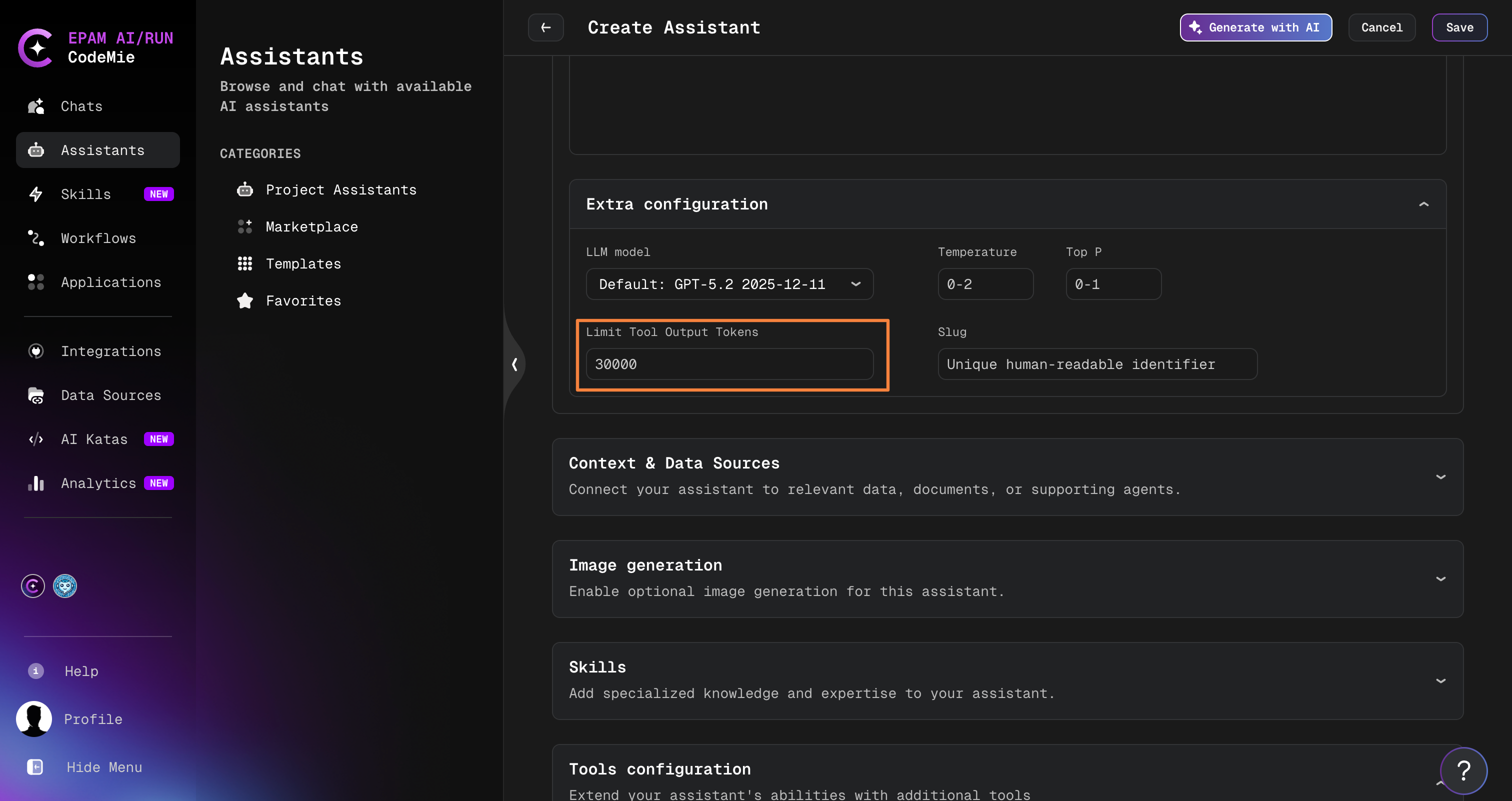 Limit Tool Output Tokens field in the Extra configuration section