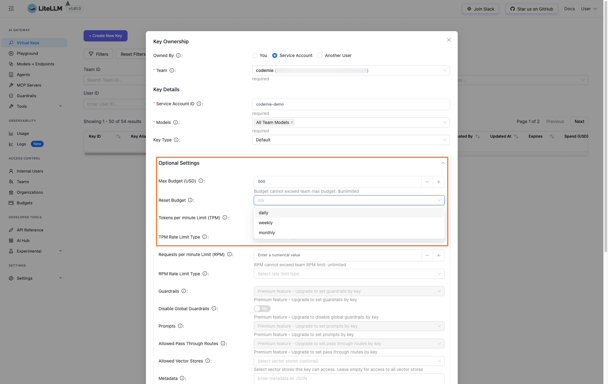 LiteLLM Create New Key form