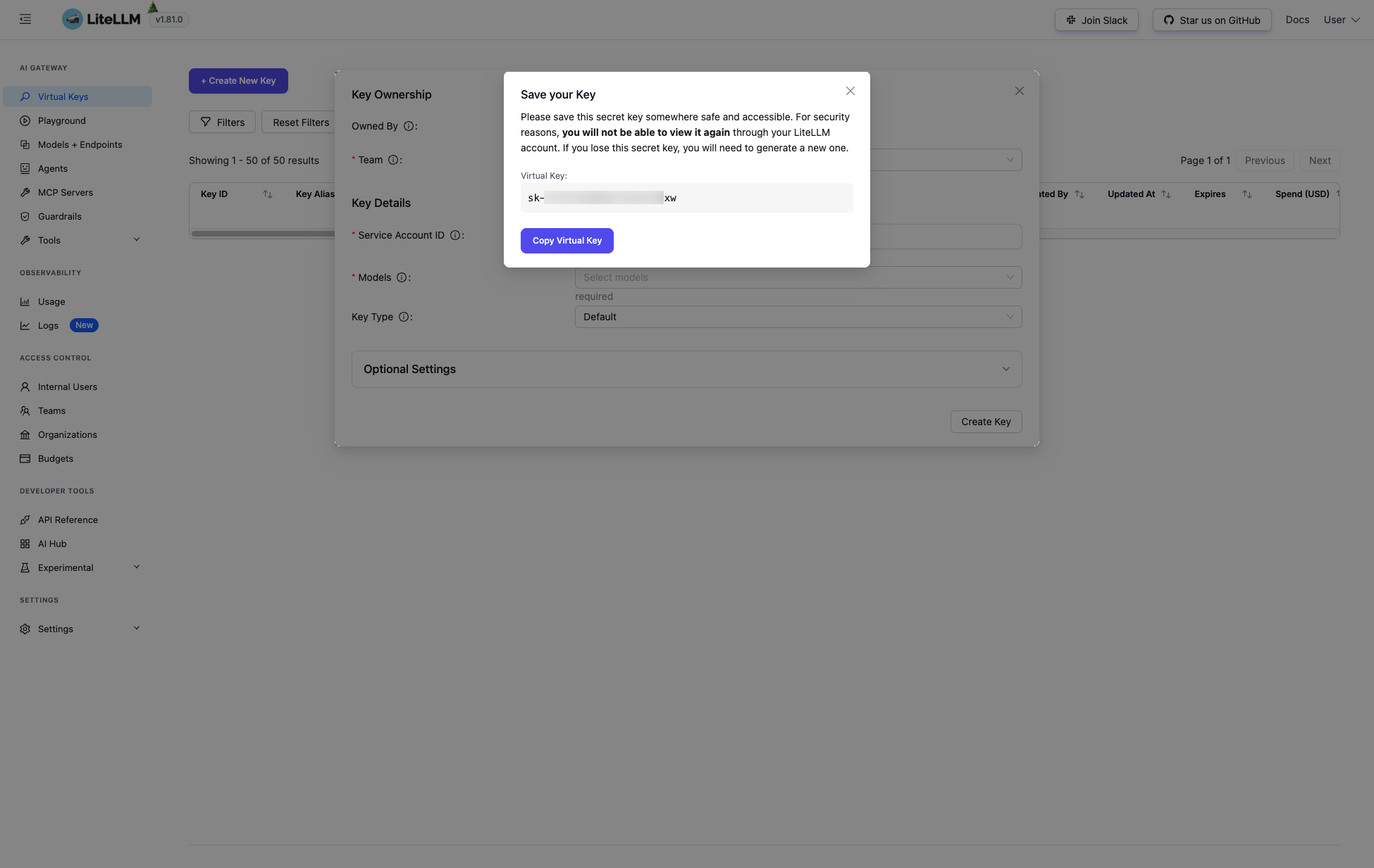 LiteLLM Save Key dialog