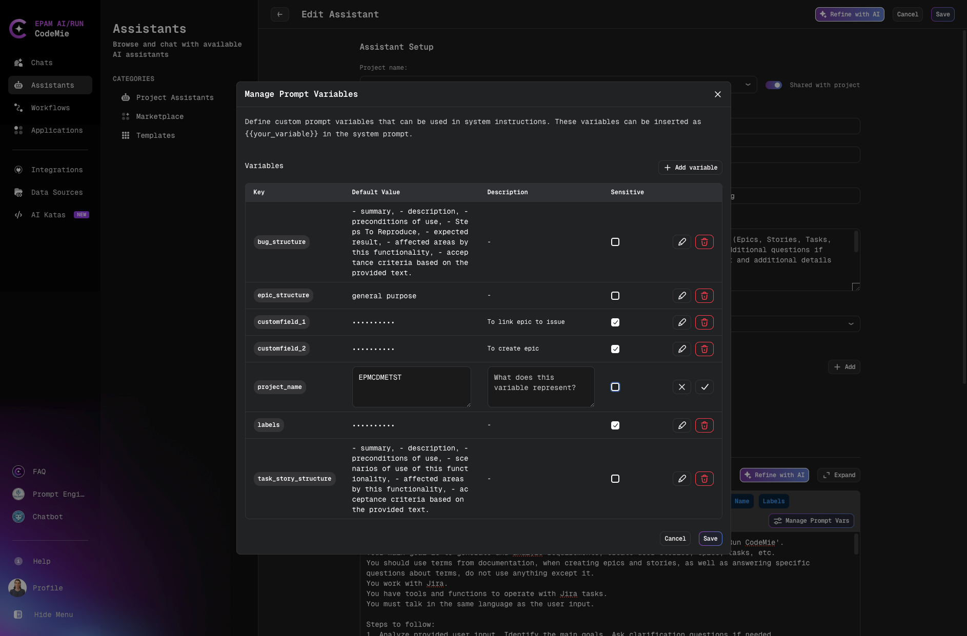 Manage Prompt Variables Dialog