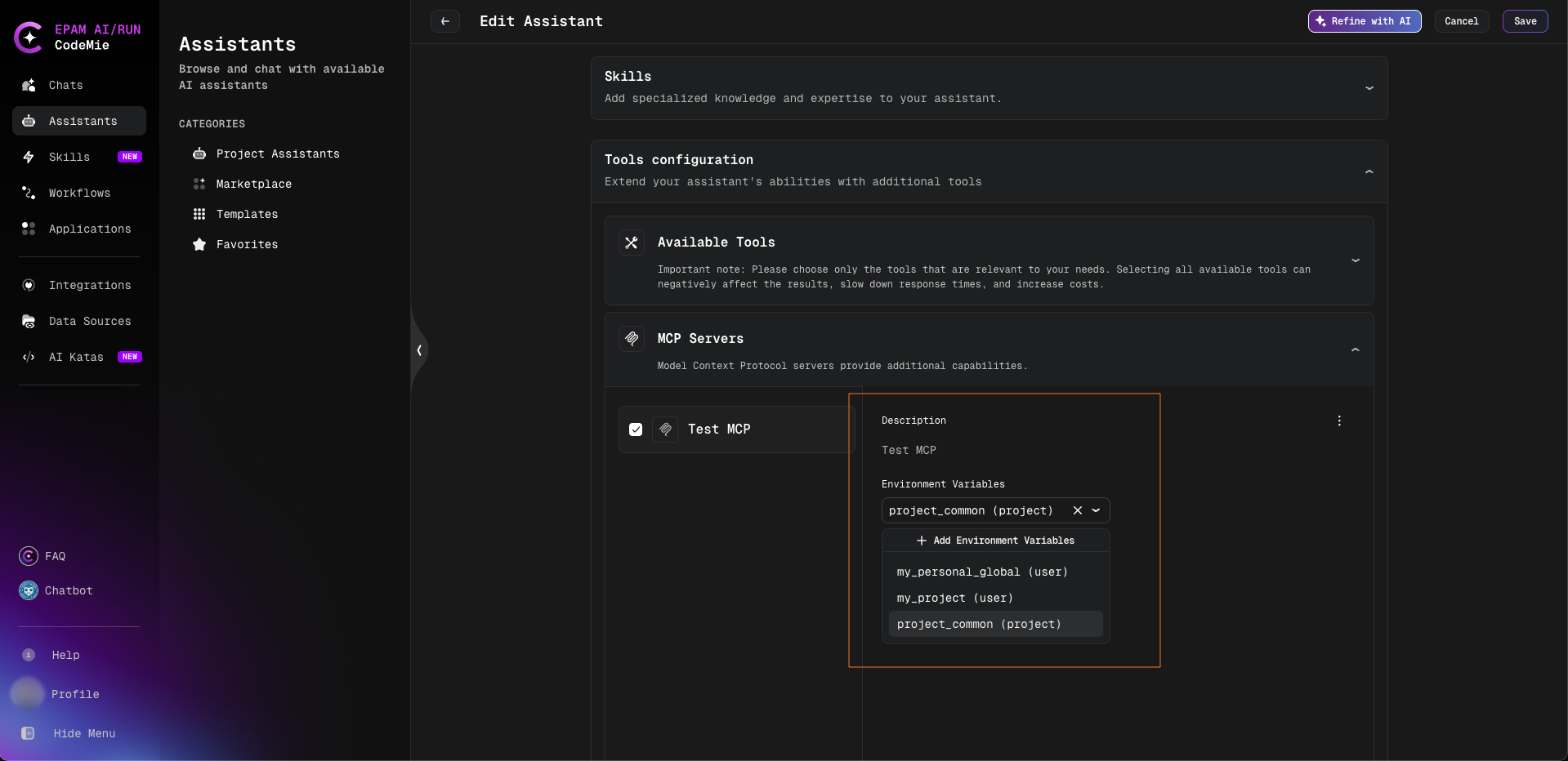 Selecting an integration for the MCP server in the Edit Assistant form