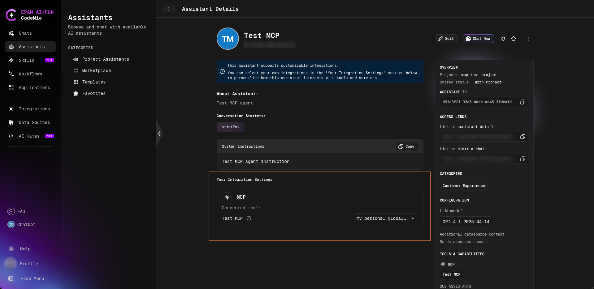 The Your Integration Settings section on the assistant, with the per-user integration selector for the MCP server