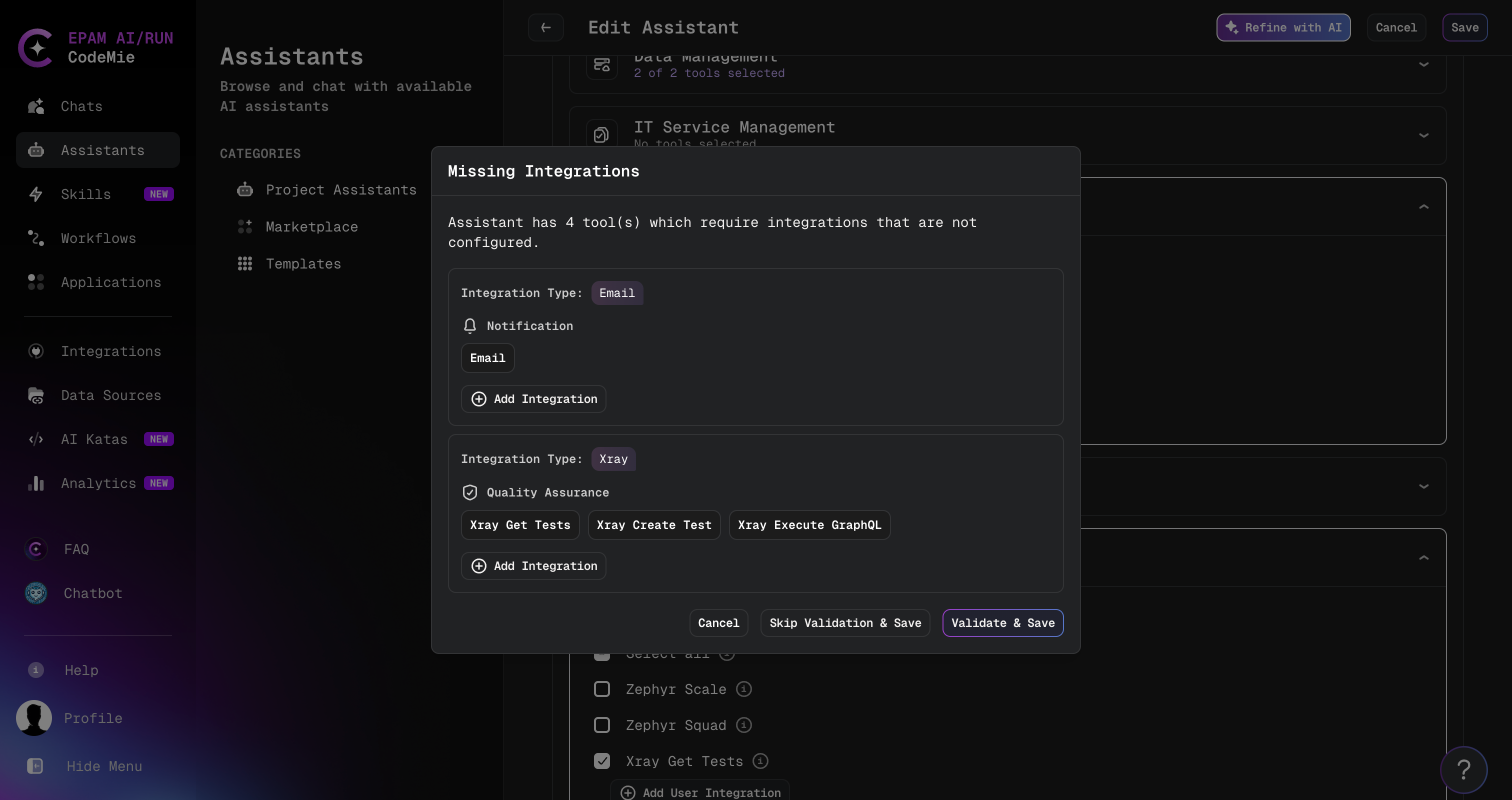 Missing Integrations modal
