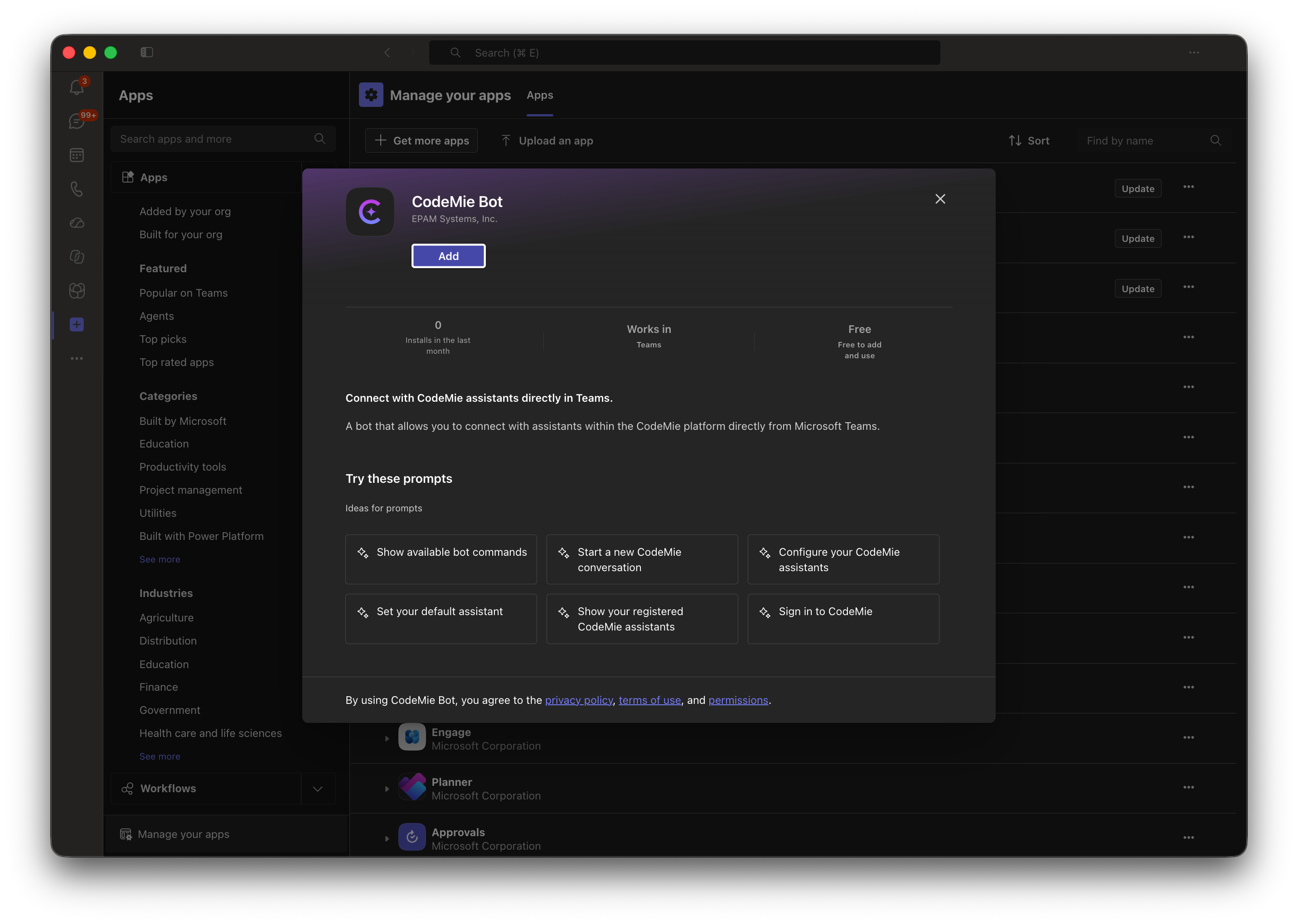 CodeMie Bot app details in Teams