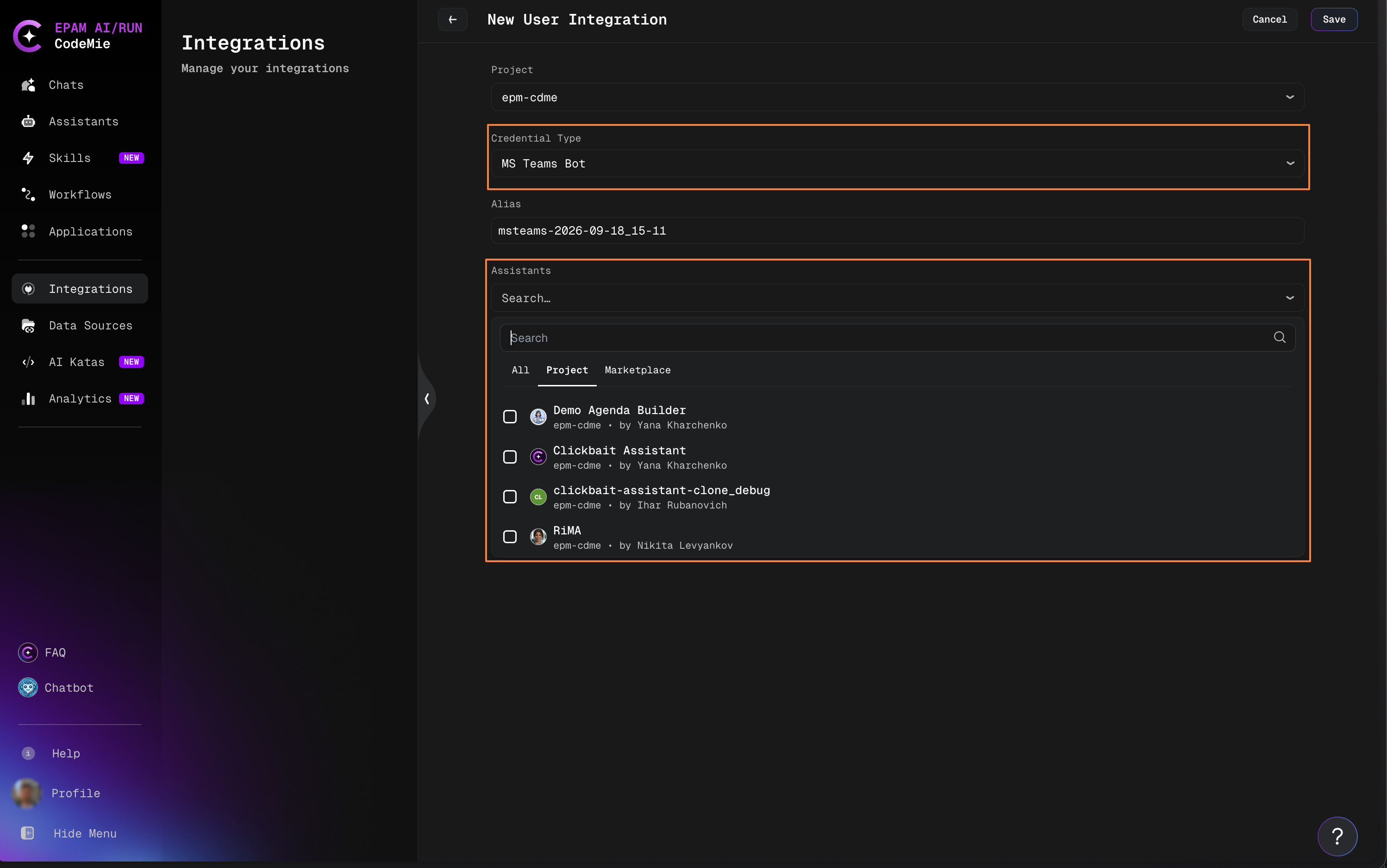 New integration form with Credential Type set to MS Teams Bot and the Assistants multiselect
