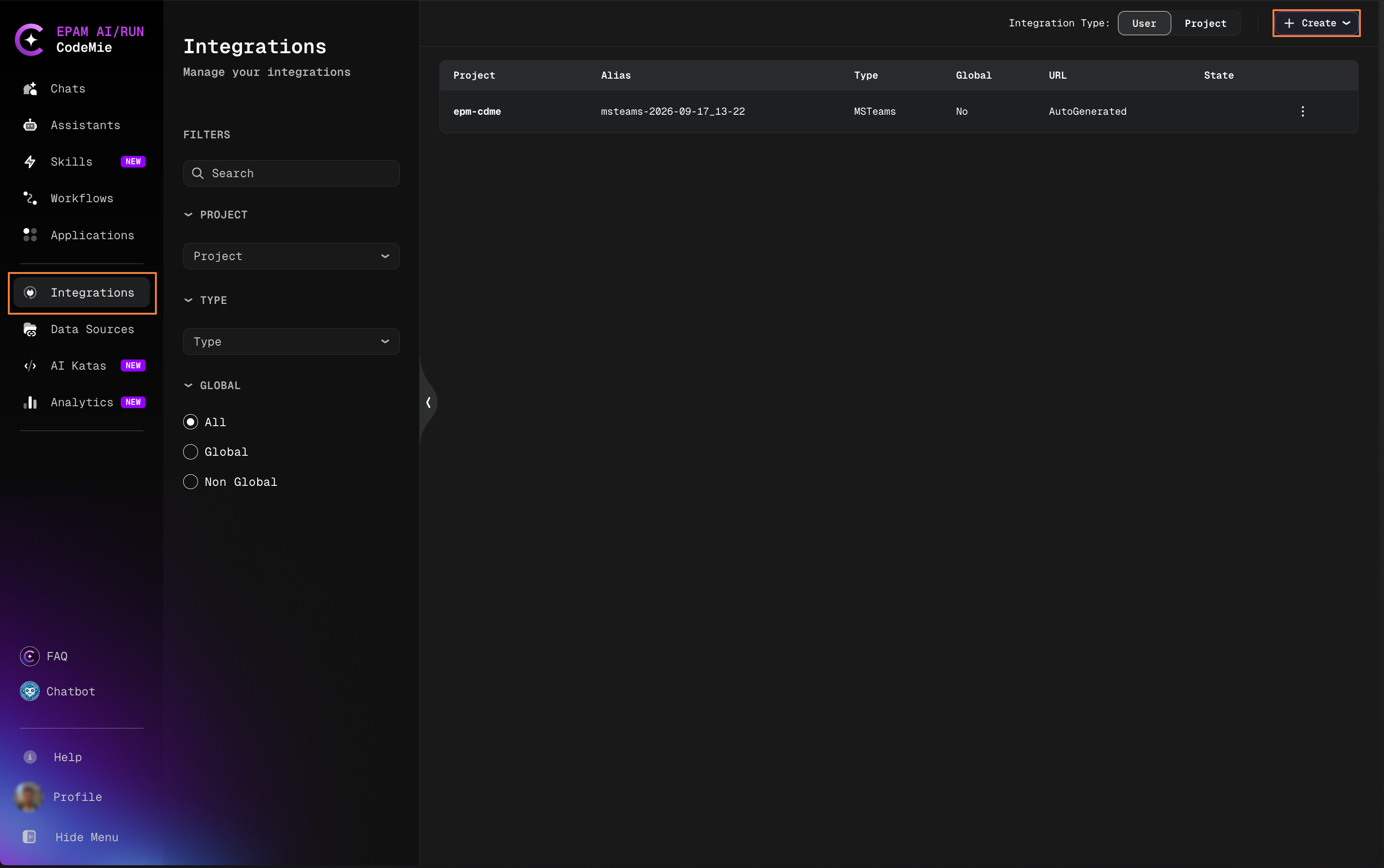 Integrations list with the Create menu open