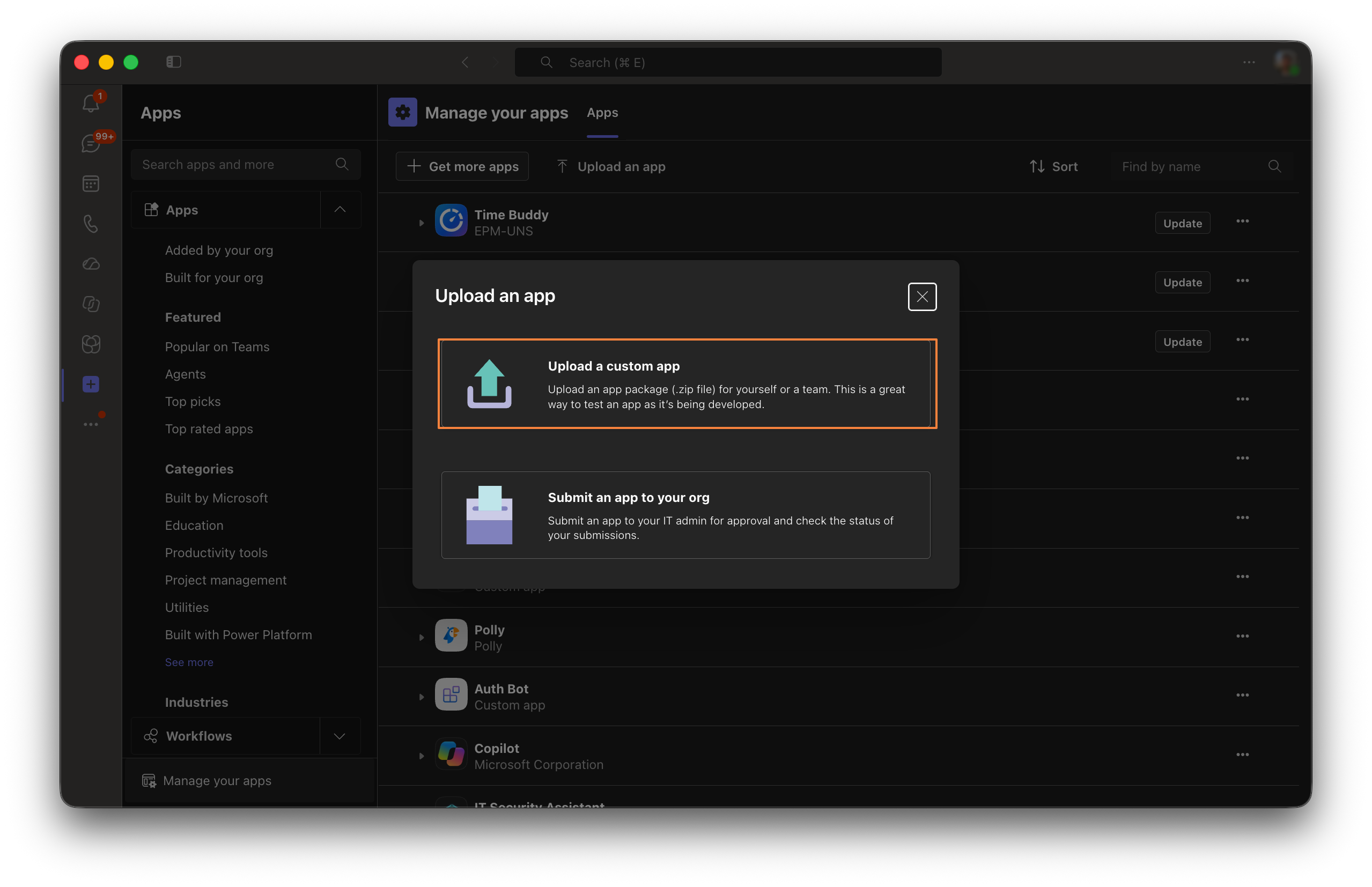 Upload a custom app dialog