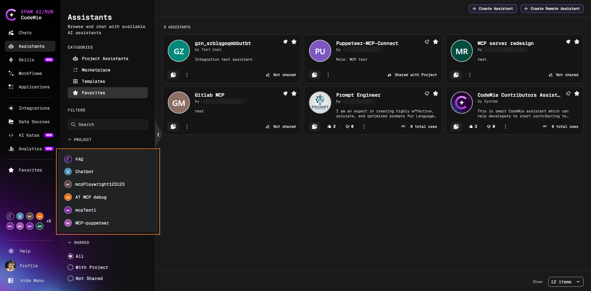 Dropdown listing all pinned assistants