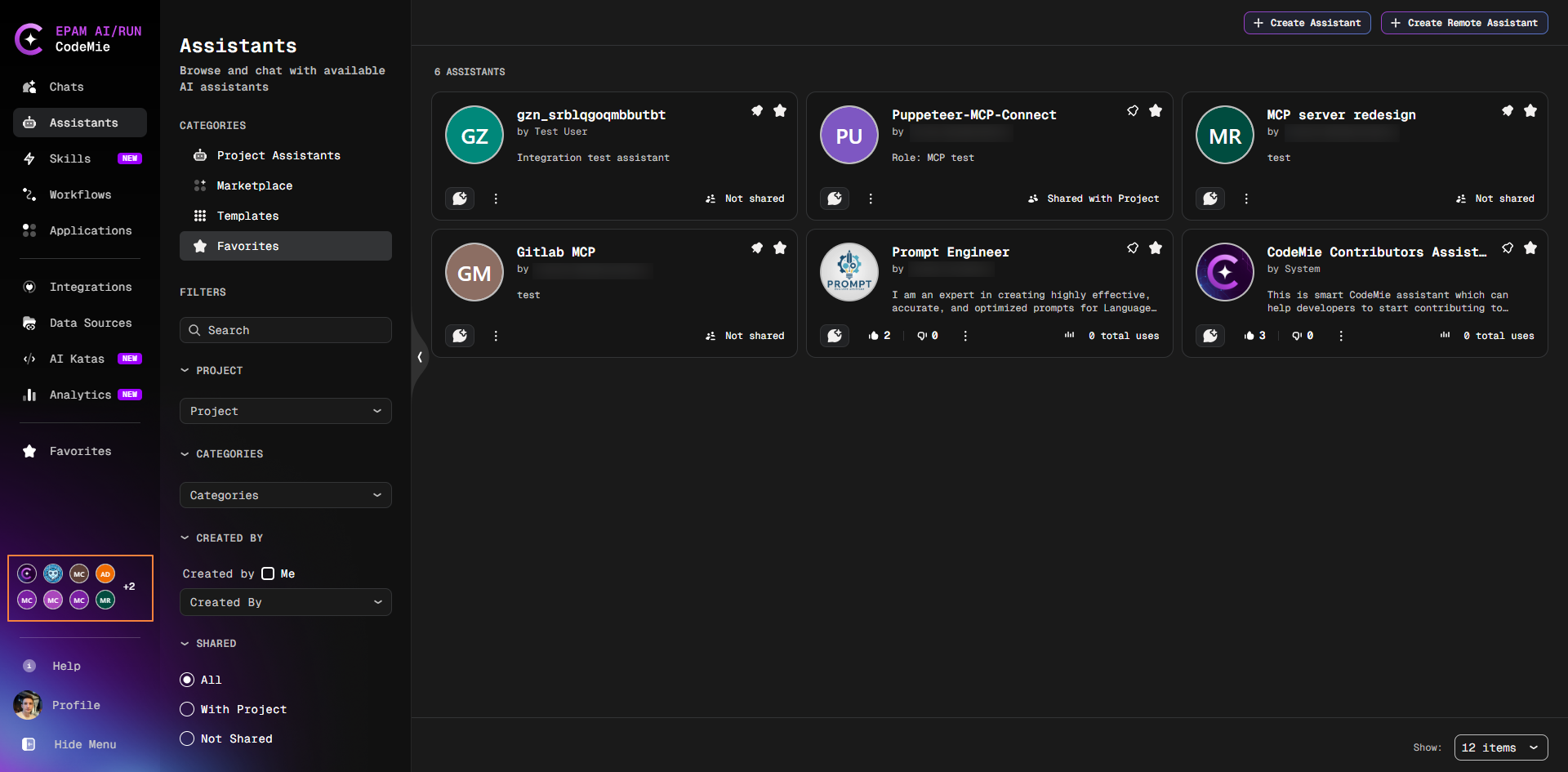 Pinned assistants shown as a row of icons in the navigation sidebar