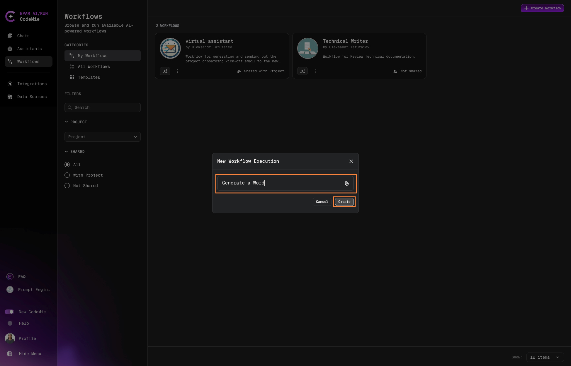 New Workflow Execution window