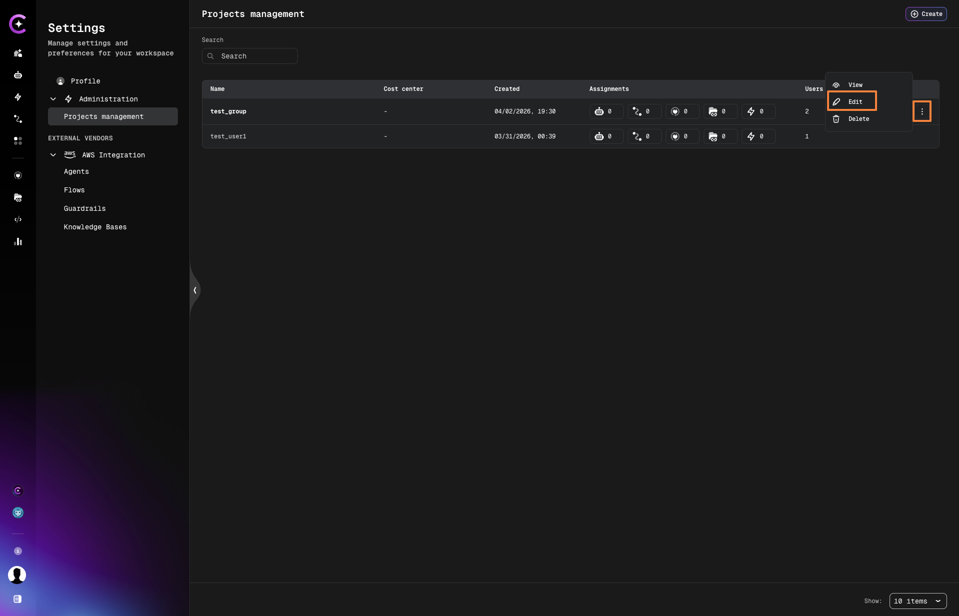 Project row actions menu