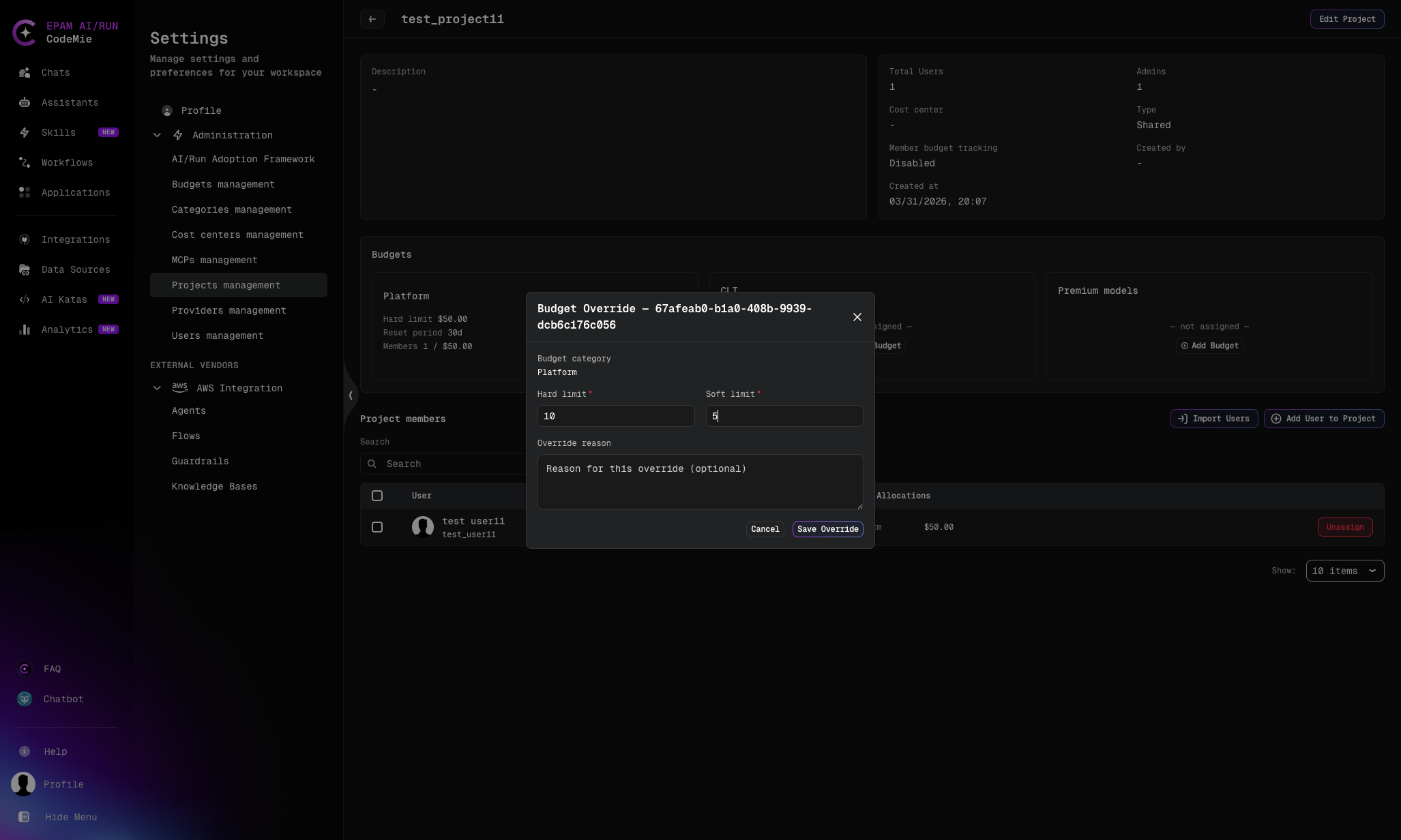 Budget Override popup for a project member