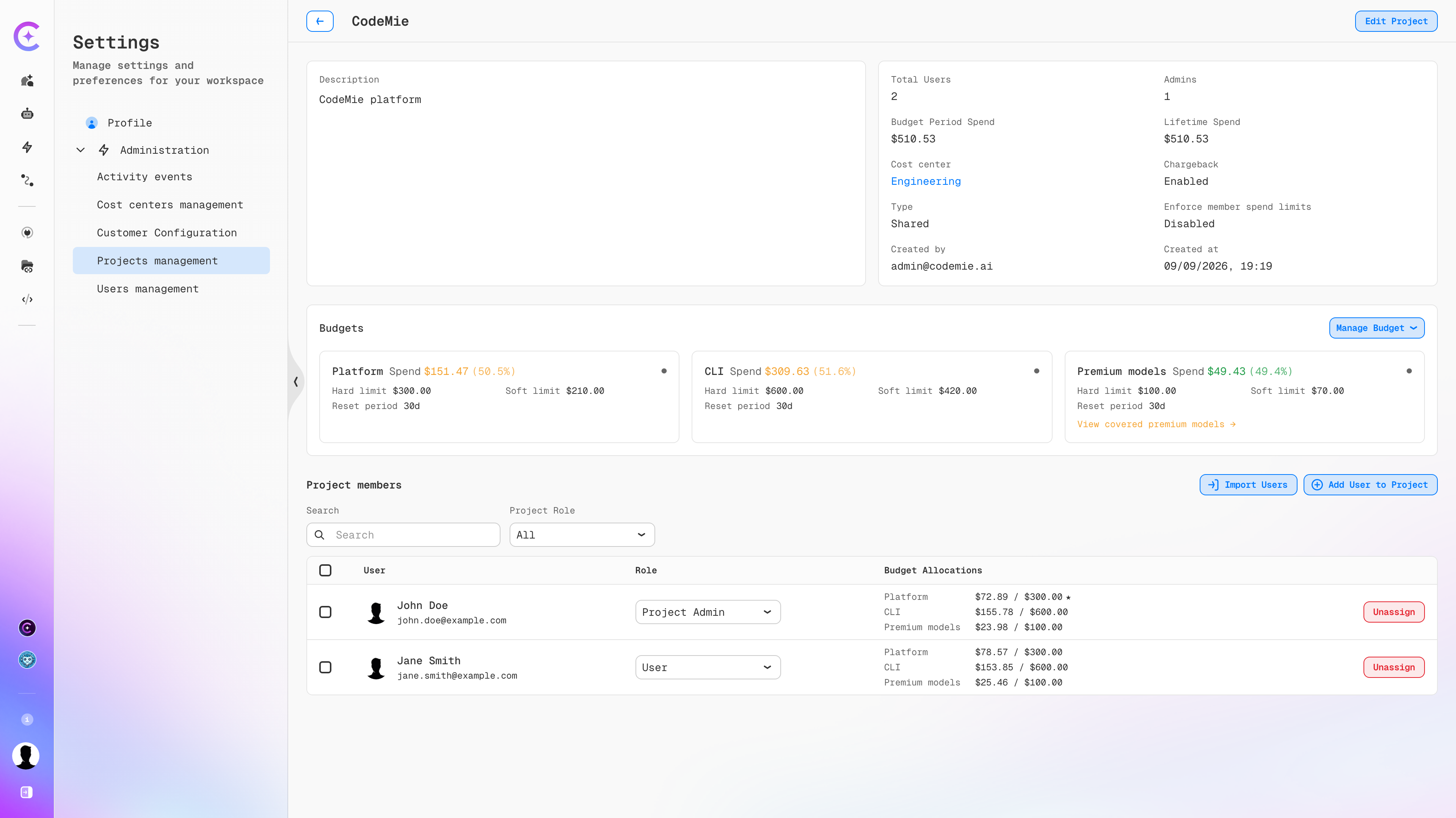 Project page showing live spend against each budget category