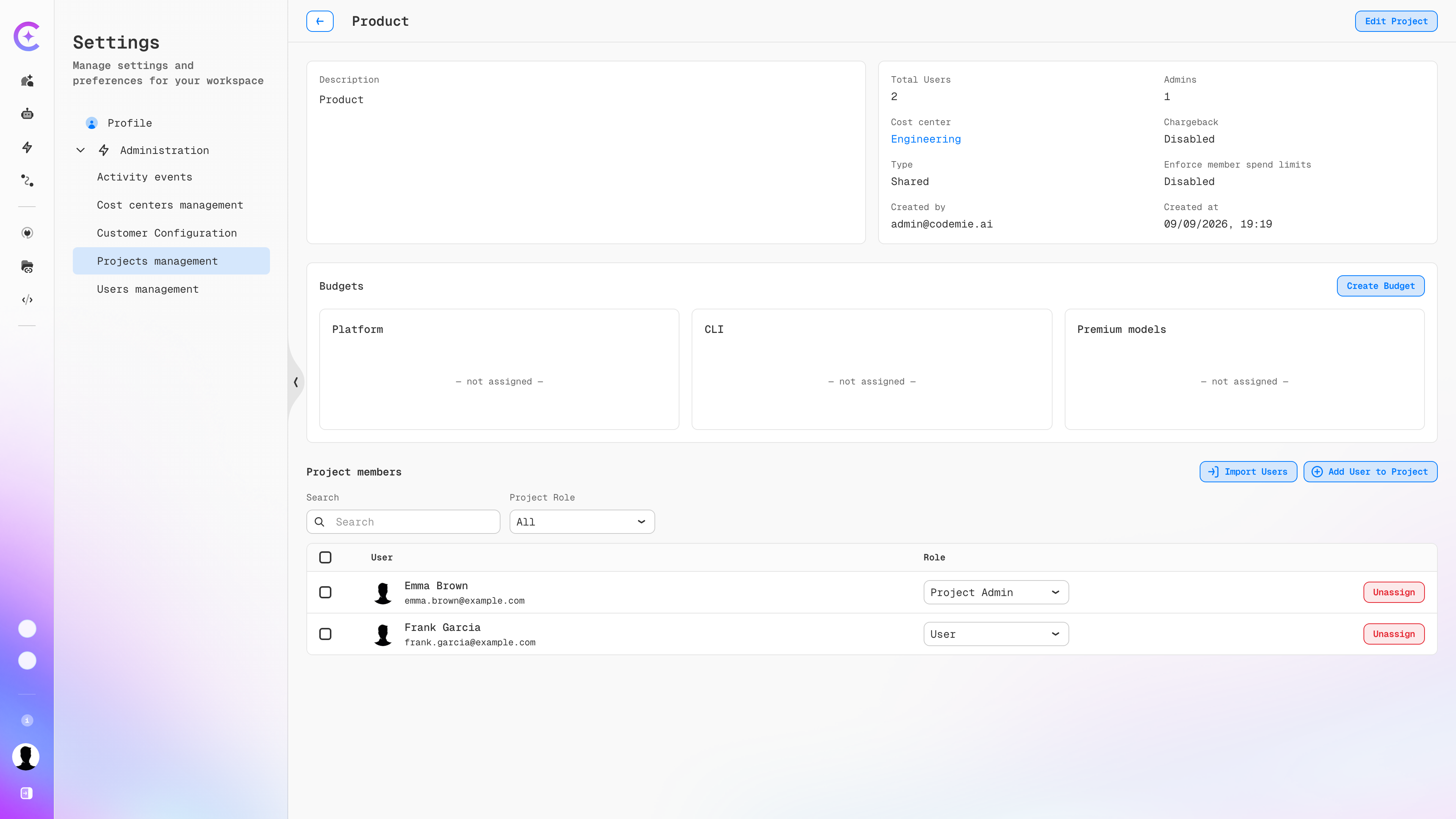 Project detail page with unassigned budget categories