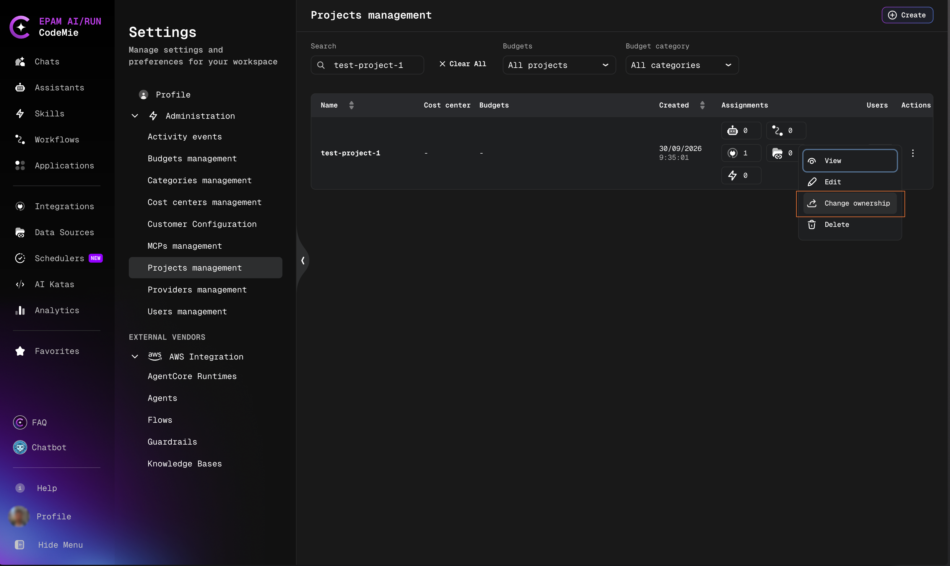 Project actions menu with Change ownership option highlighted
