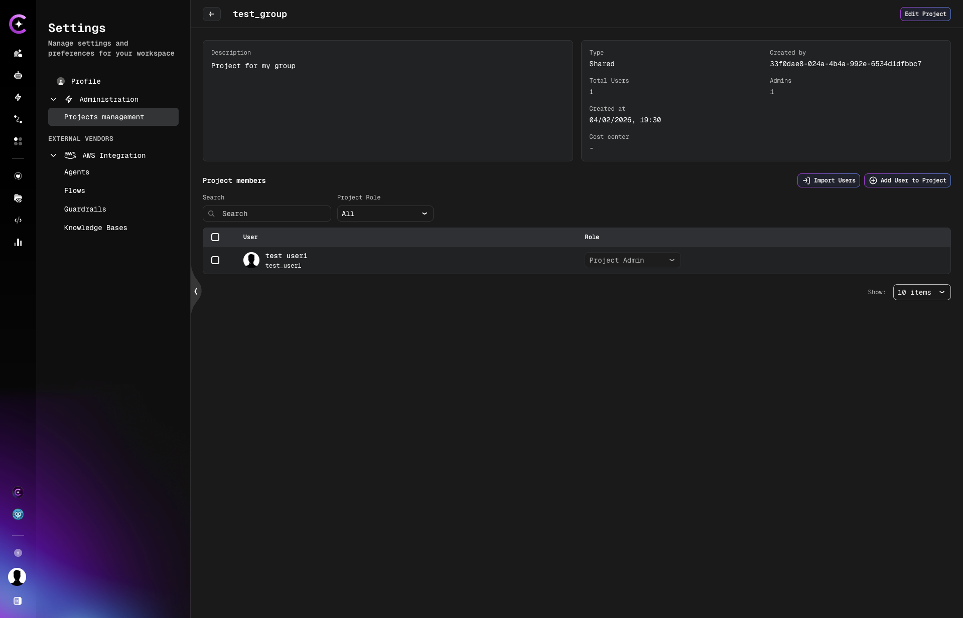 Project detail page with members table