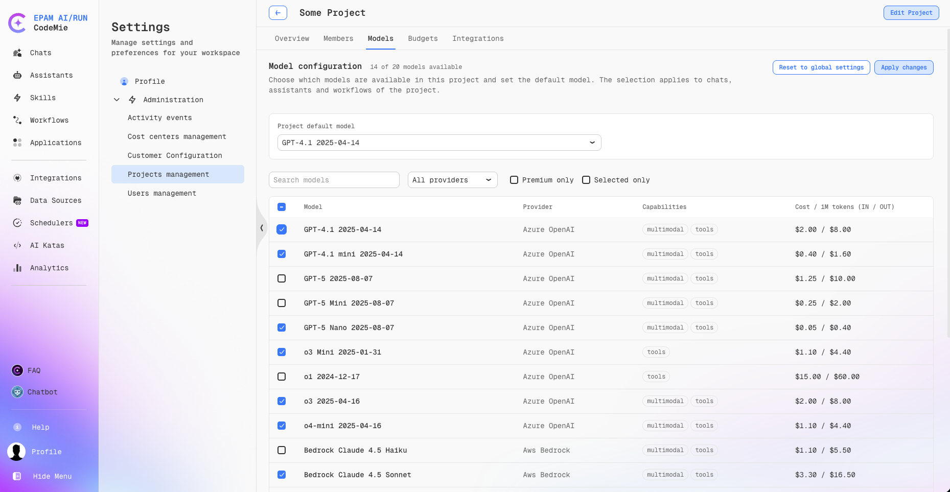 Models tab — model configuration table with default model selector, search filters, and per-model checkboxes