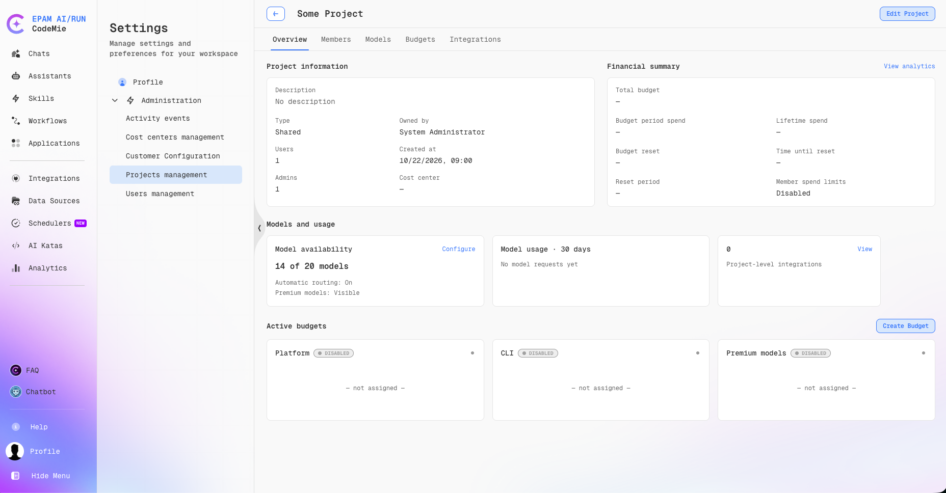 Overview tab — Models and usage section showing model availability count, automatic routing status, and premium models visibility