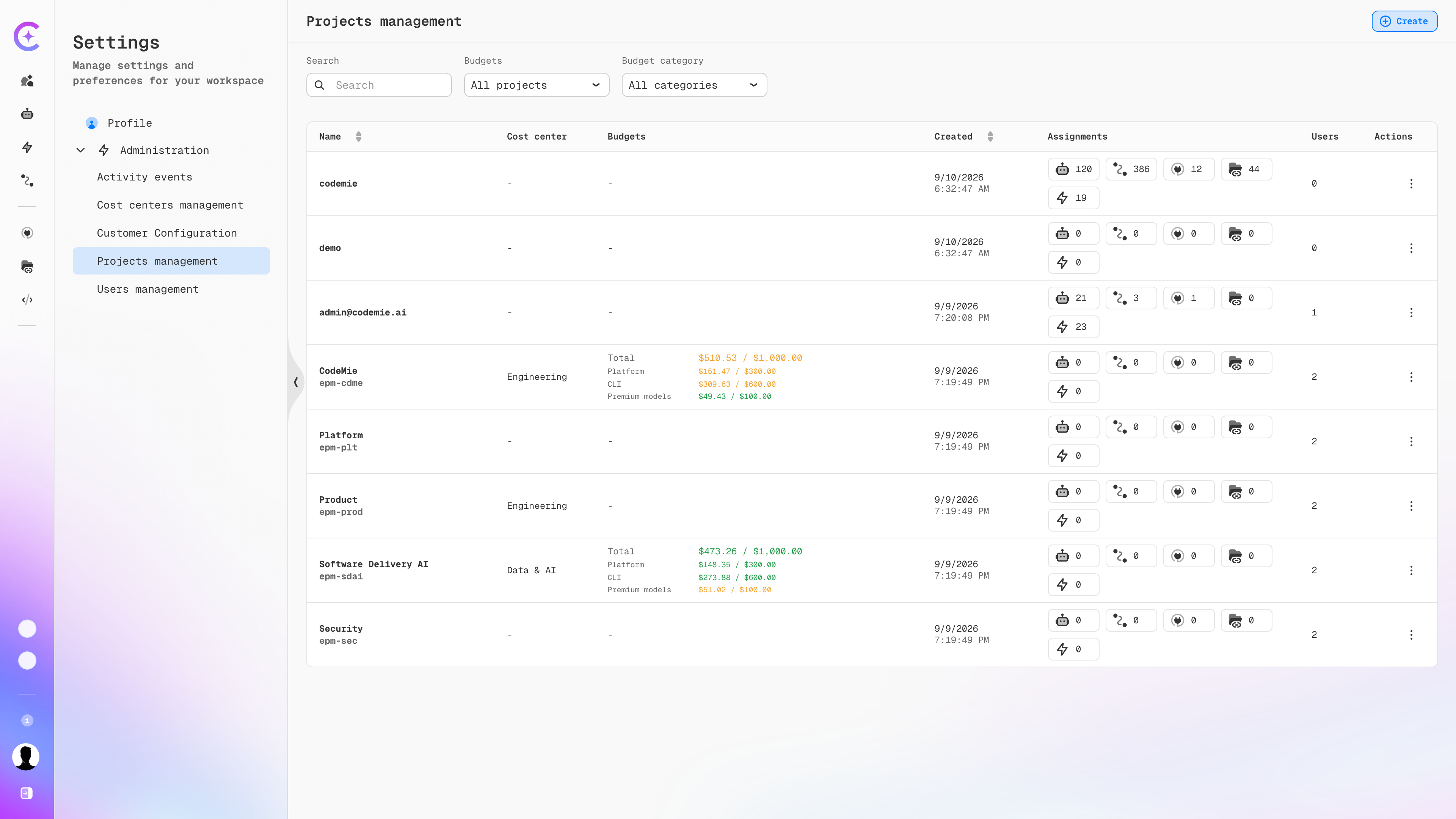 Projects management list showing per-project budget consumption