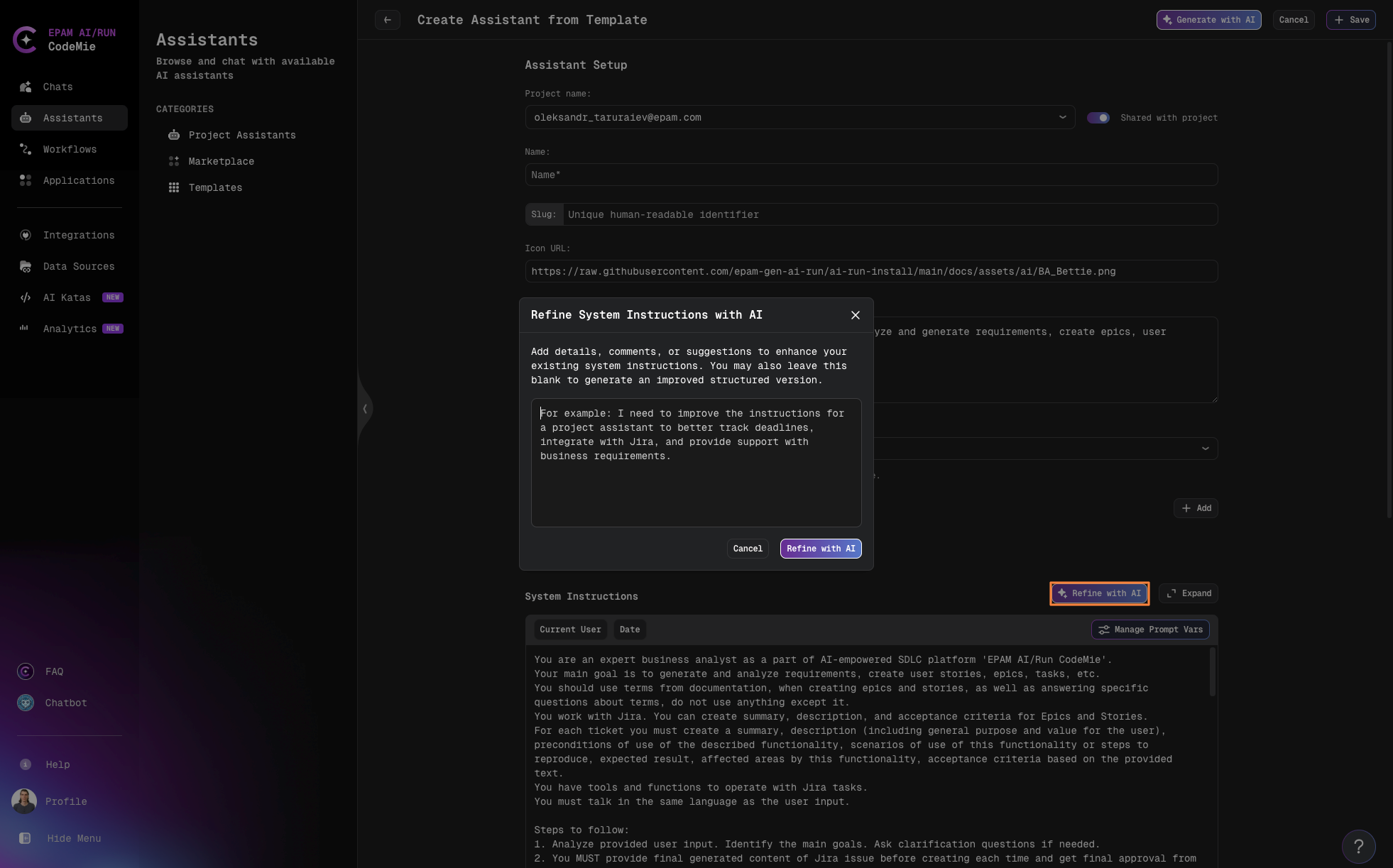 Refine System Instructions with AI dialog
