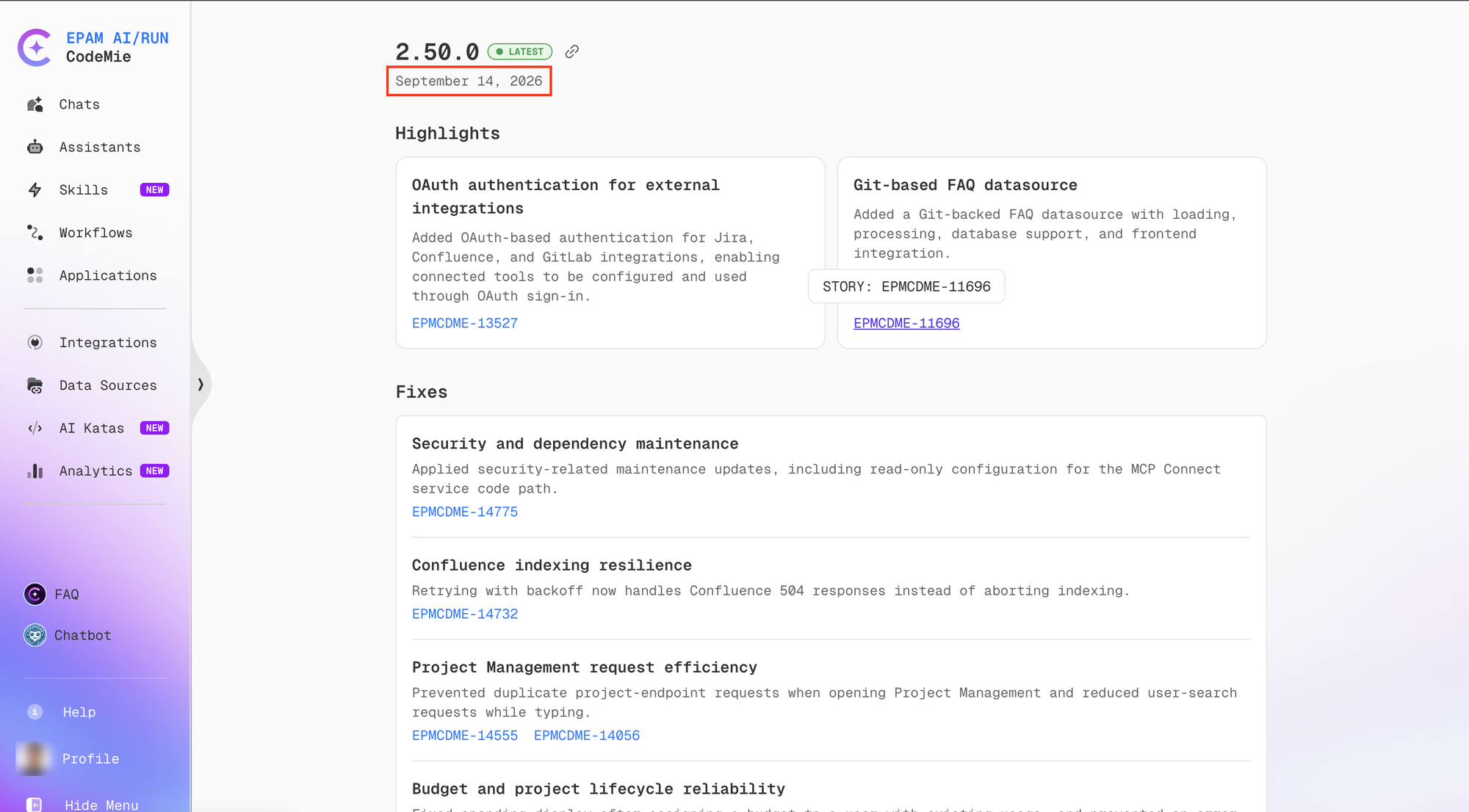 Release Notes version header showing version 2.50.0 with deployment date