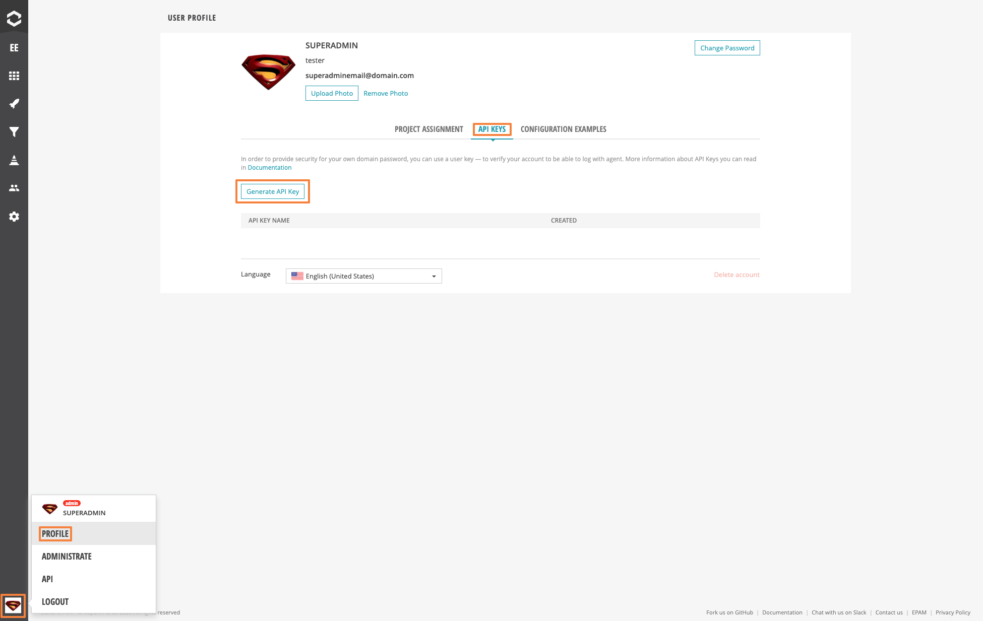ReportPortal User Profile — API Keys tab