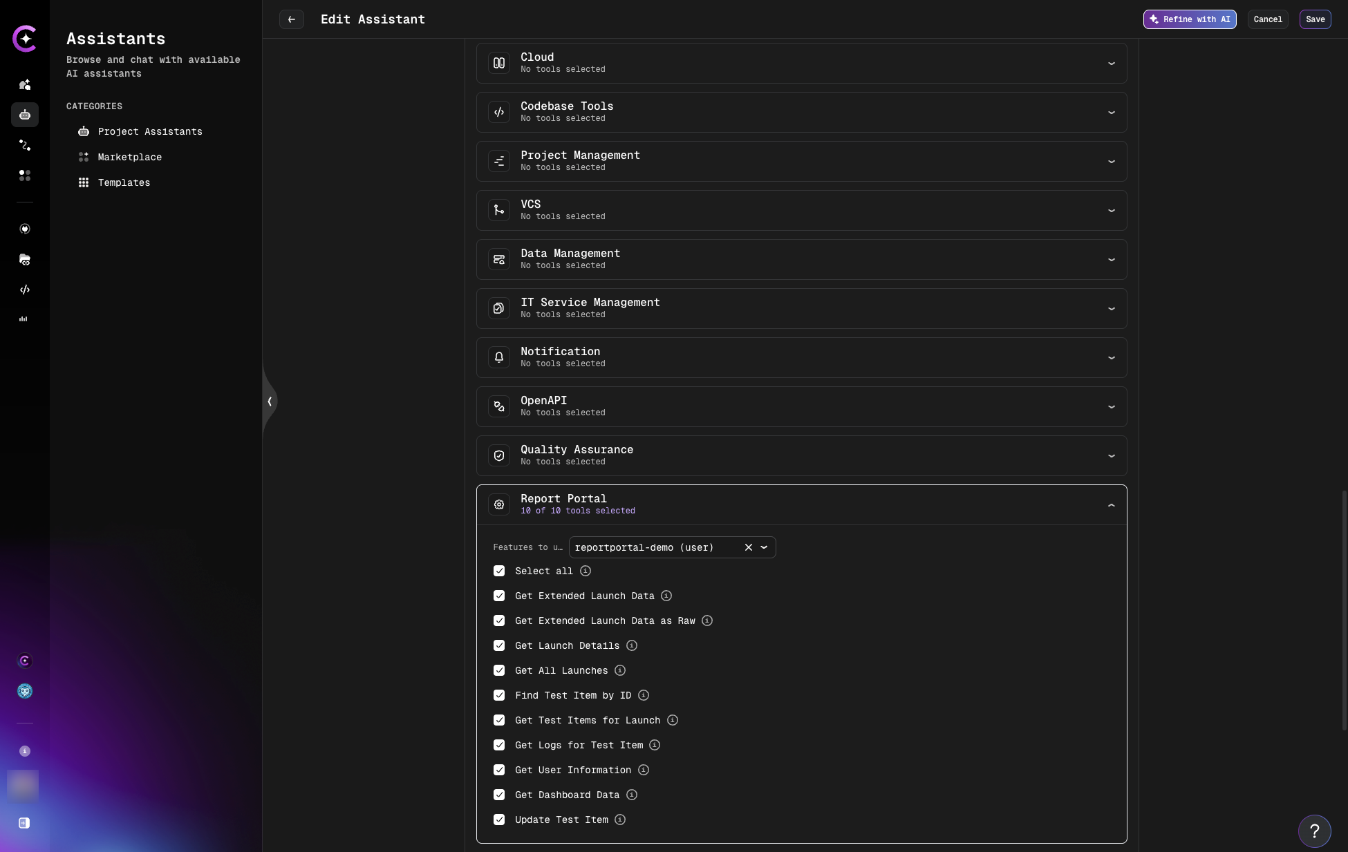 Assistant setup with ReportPortal tool