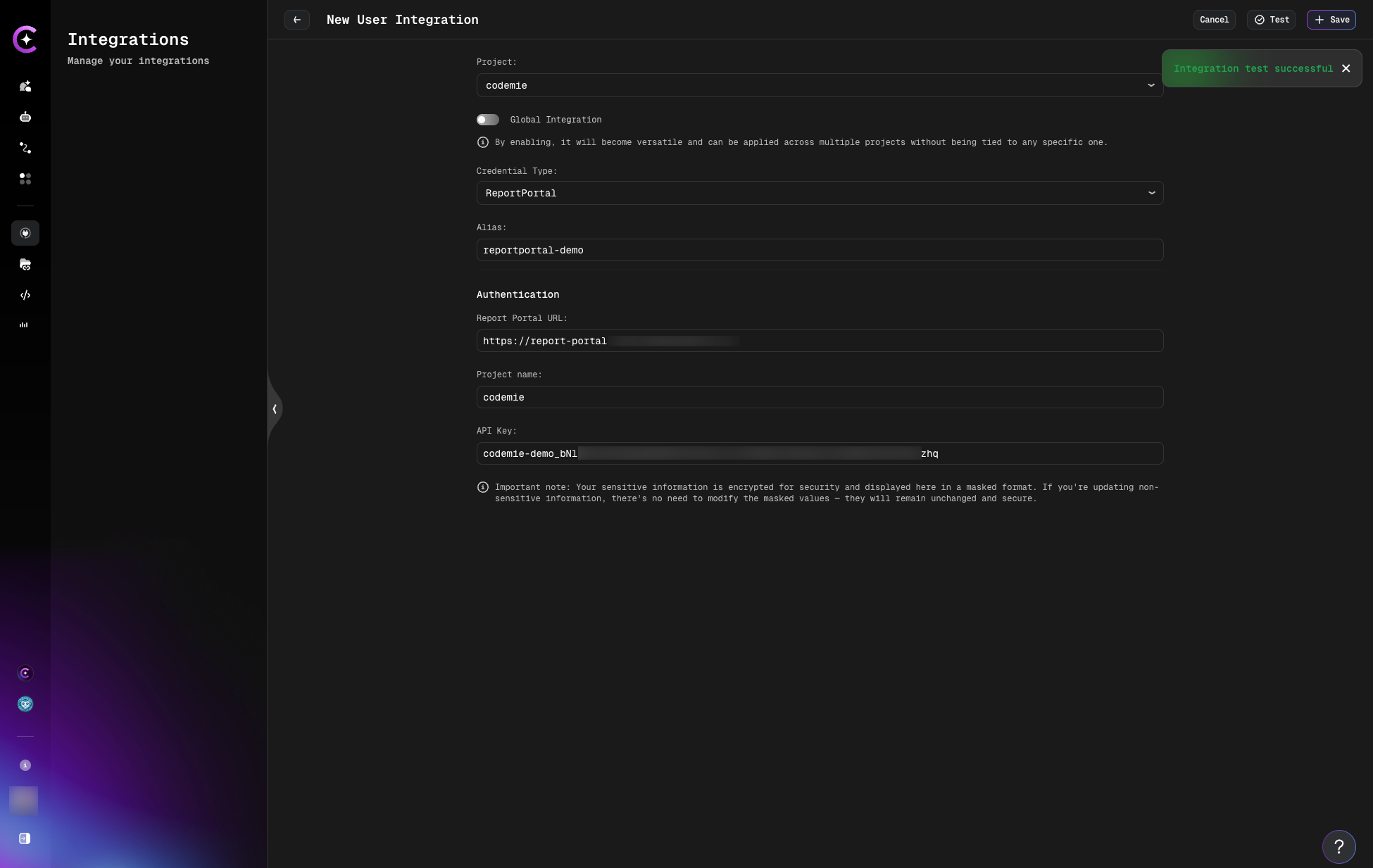 CodeMie ReportPortal integration form