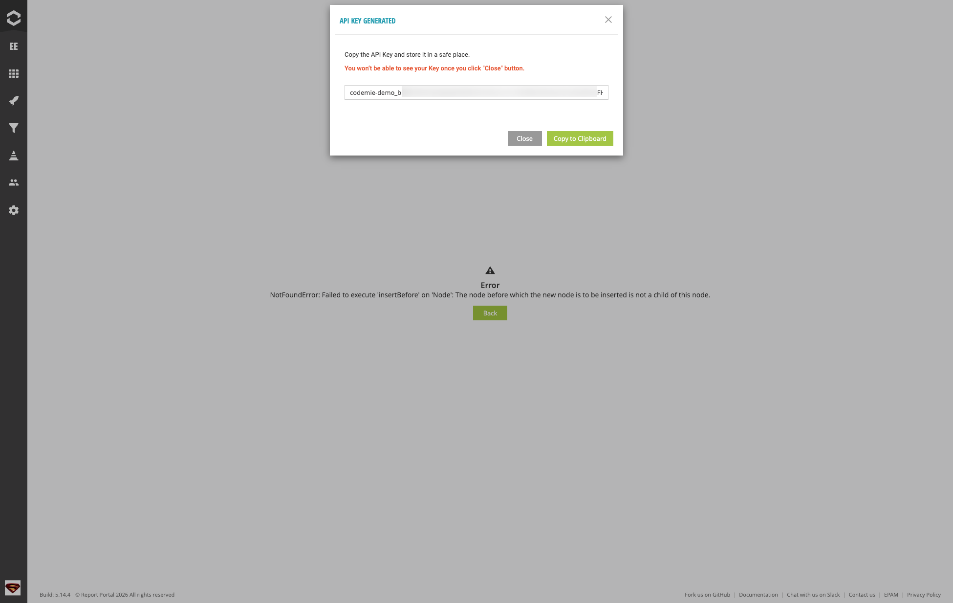 API Key Generated dialog