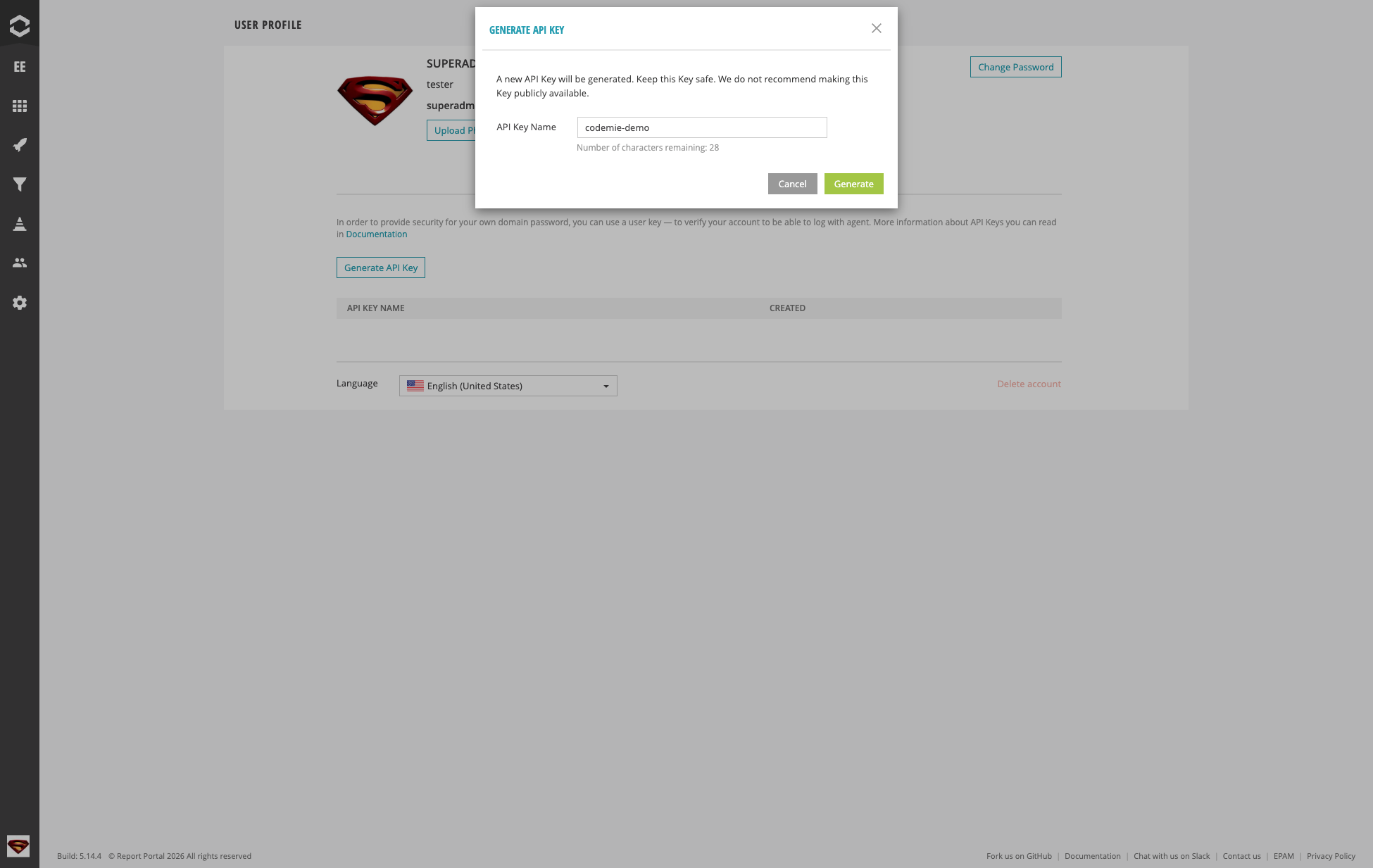 Generate API Key dialog