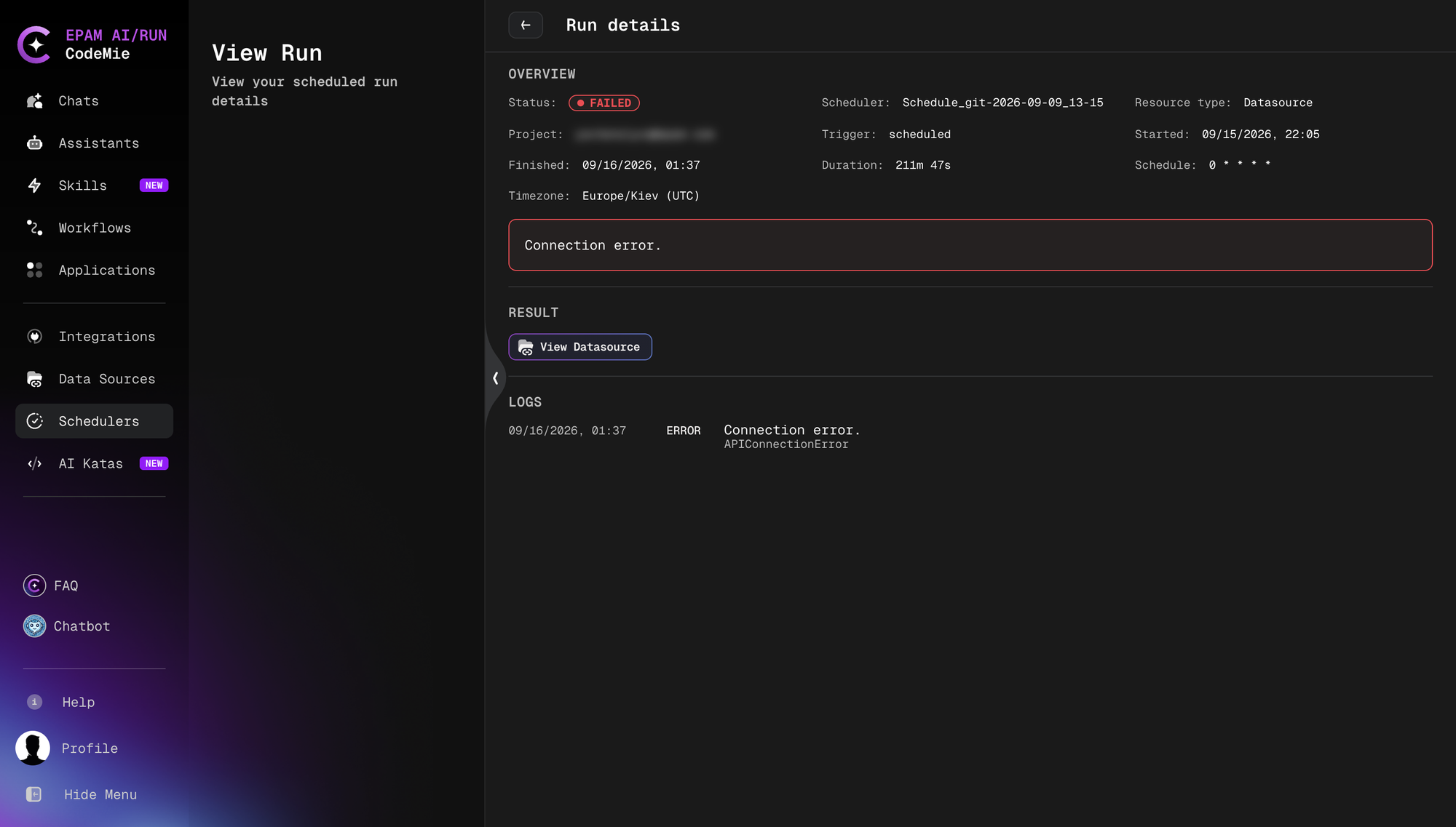 Failed run details