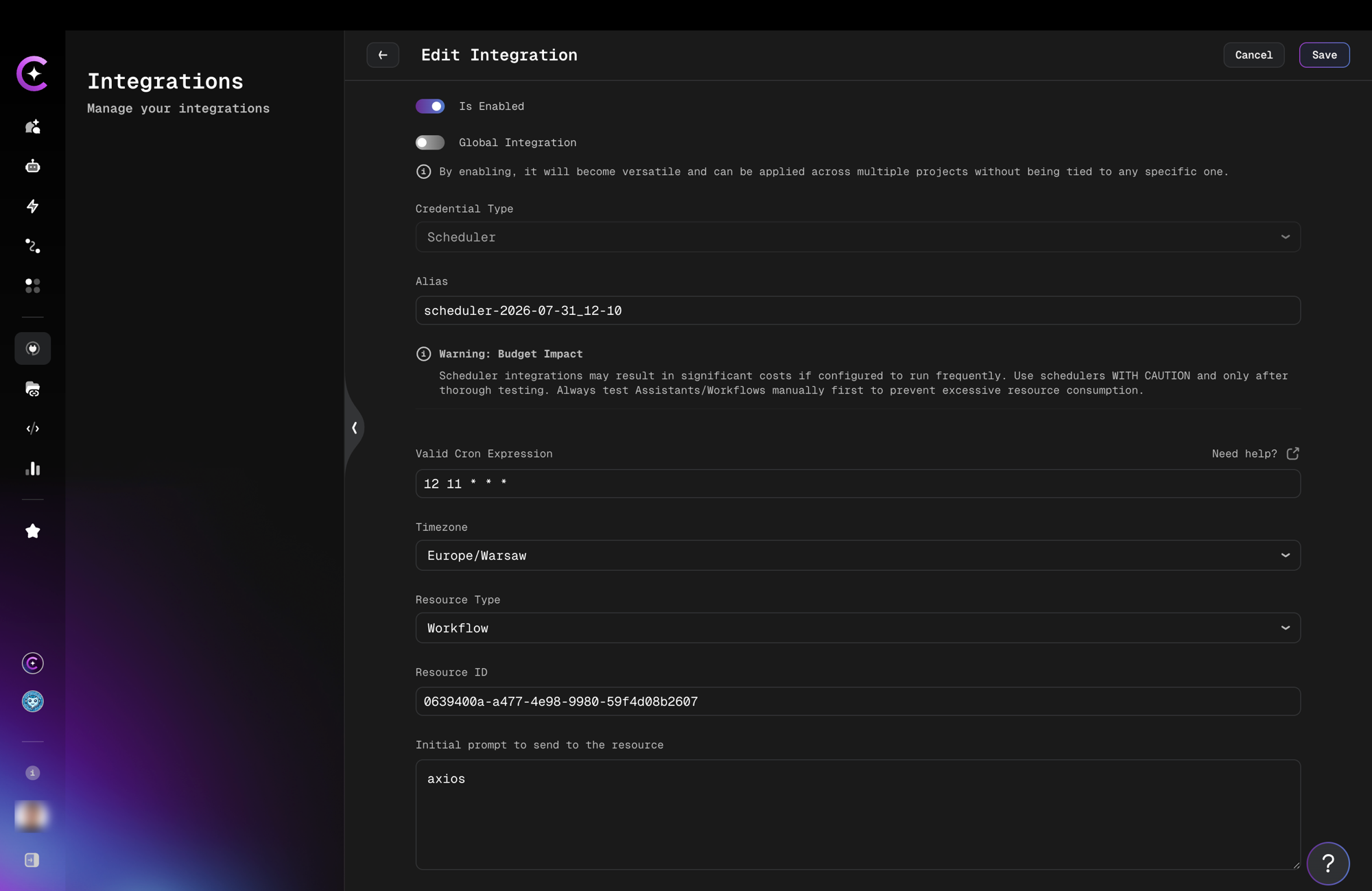 Scheduler integration form with timezone selection