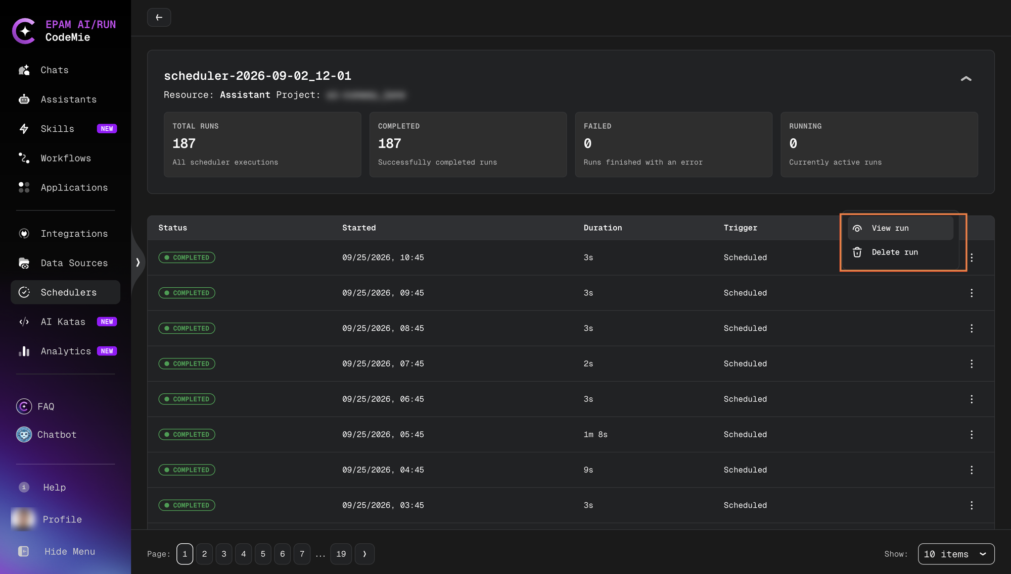 Run actions menu