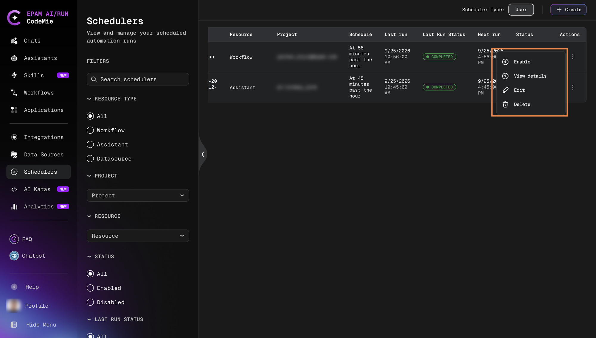 Scheduler actions menu