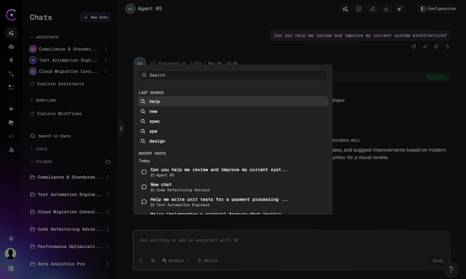Search panel showing last search and recent chats